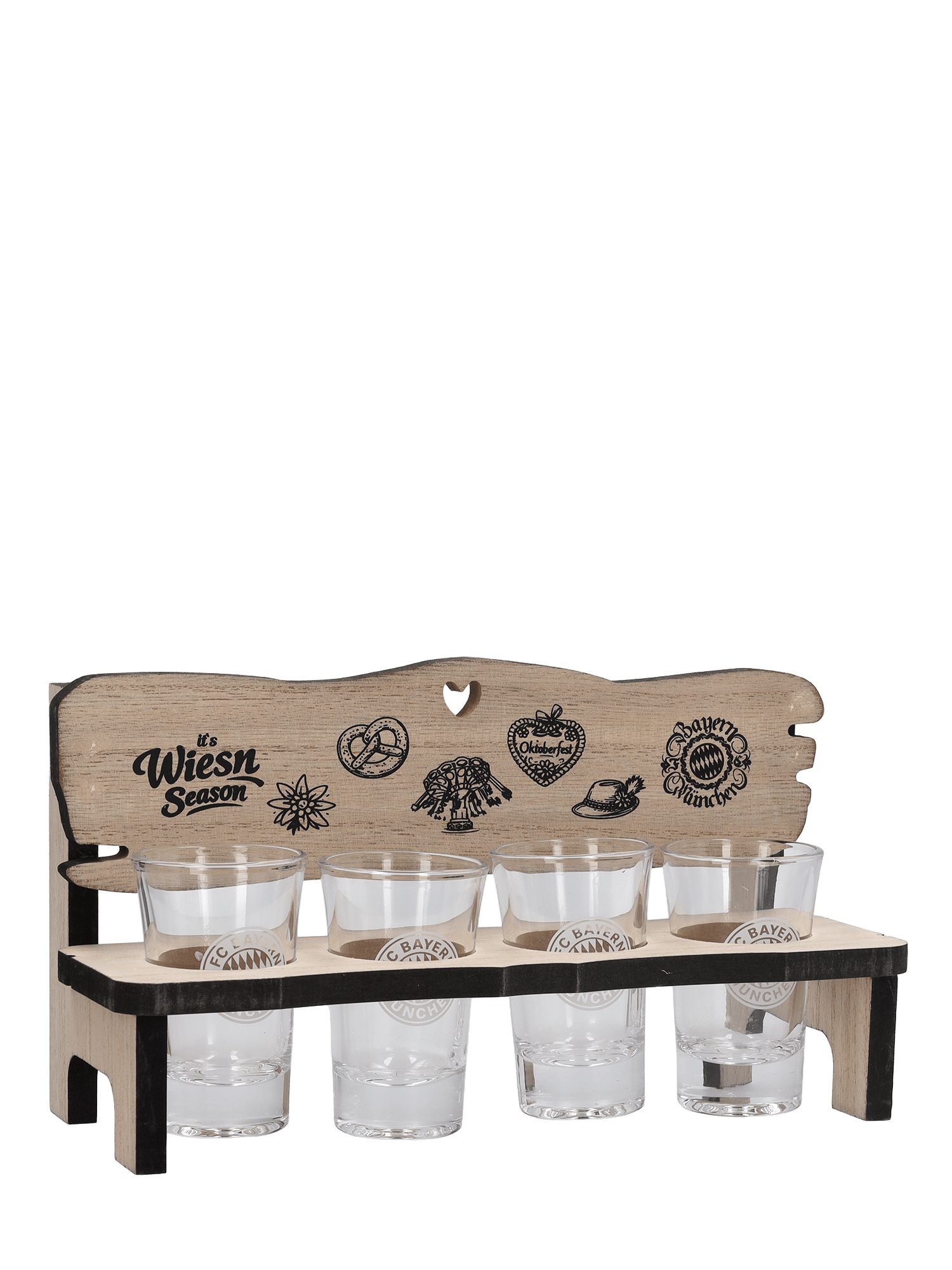 FC Bayern München Gläser-Set FC Bayern München I Schnapsbank 4er-Set Oktoberfest™ I Mehrfarbig, Glas, Holz