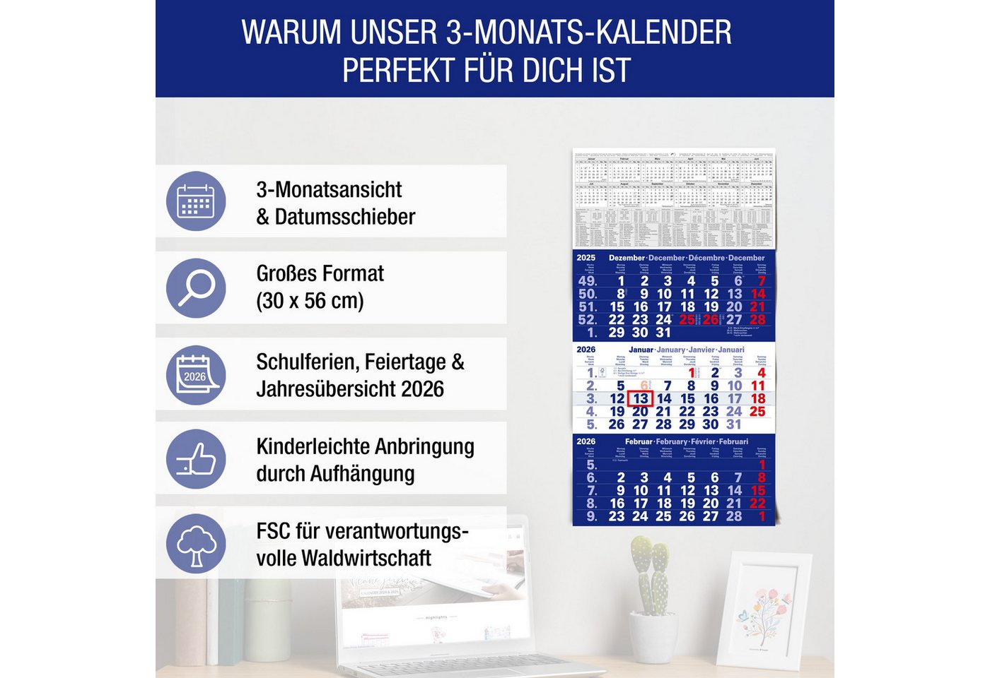 Thumbnail - TOBJA Wandkalender 3 Monatskalender 2026 Wandkalender mit Schieber Blau, Kalender 2026 Wandkalender, gefalzt!