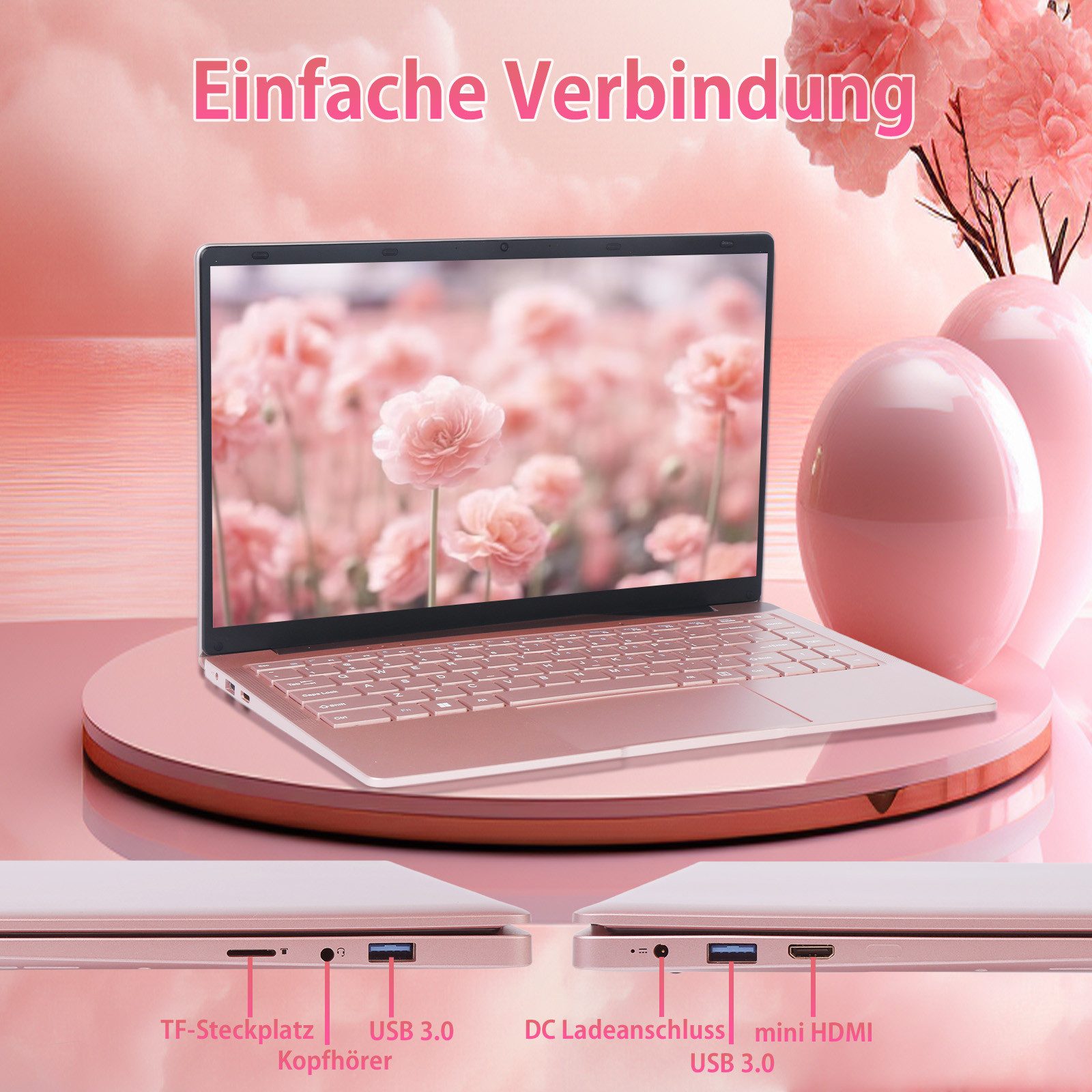 LONGEVINCE 14 Zoll Laptop, 8 GB RAM, DDR4, Ultrabook, Windows 11 Notebook (35,60 cm/14 Zoll, Intel, 8 GB, 238 GB SSD, mit Deutscher Tastaturfolie(Rotgold, 8GB+2 – Bild 5 von 5