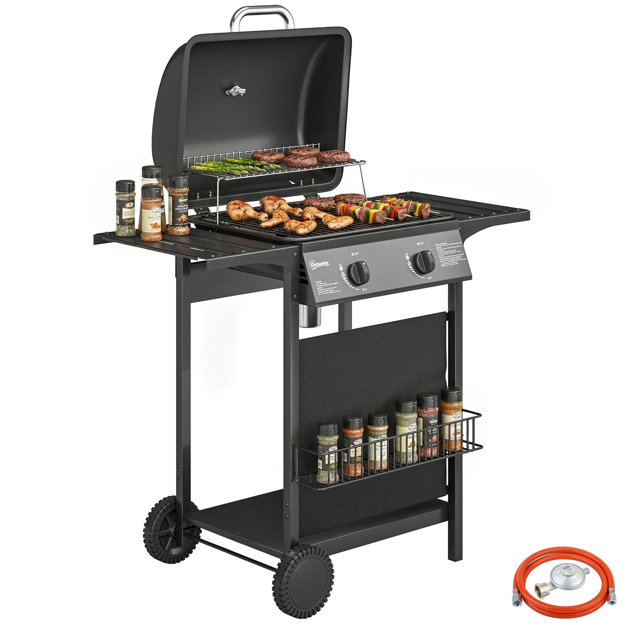 kowdom Gasgrill Gasgrill 5 kW 2 Brenner, 1800 cm², mit Seitentischen, schwarz, Gasgrill, Einzelgrill mit Zubehör, Gasgrill, 5 kW, 2 Brenner, 1800 cm², mit Thermometer