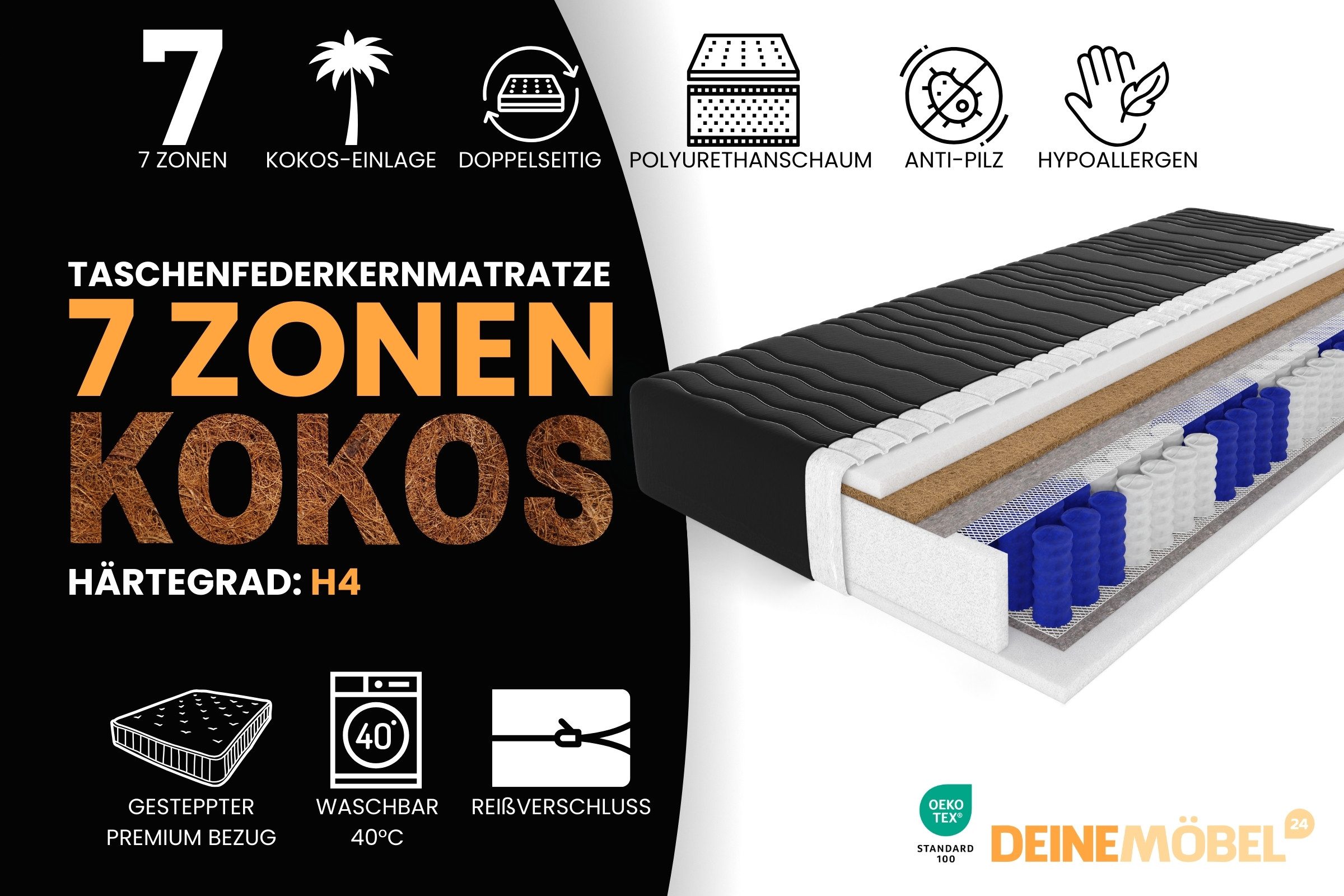 Taschenfederkernmatratze mit KOKOS 7-Zonen 20 cm hoch Härtegrad H4, Deine Möbel 24, 20 cm hoch, (Set, 1-tlg), 7 Zonen, Bezug waschbar, Punktelastisch, mit Kokosmatte