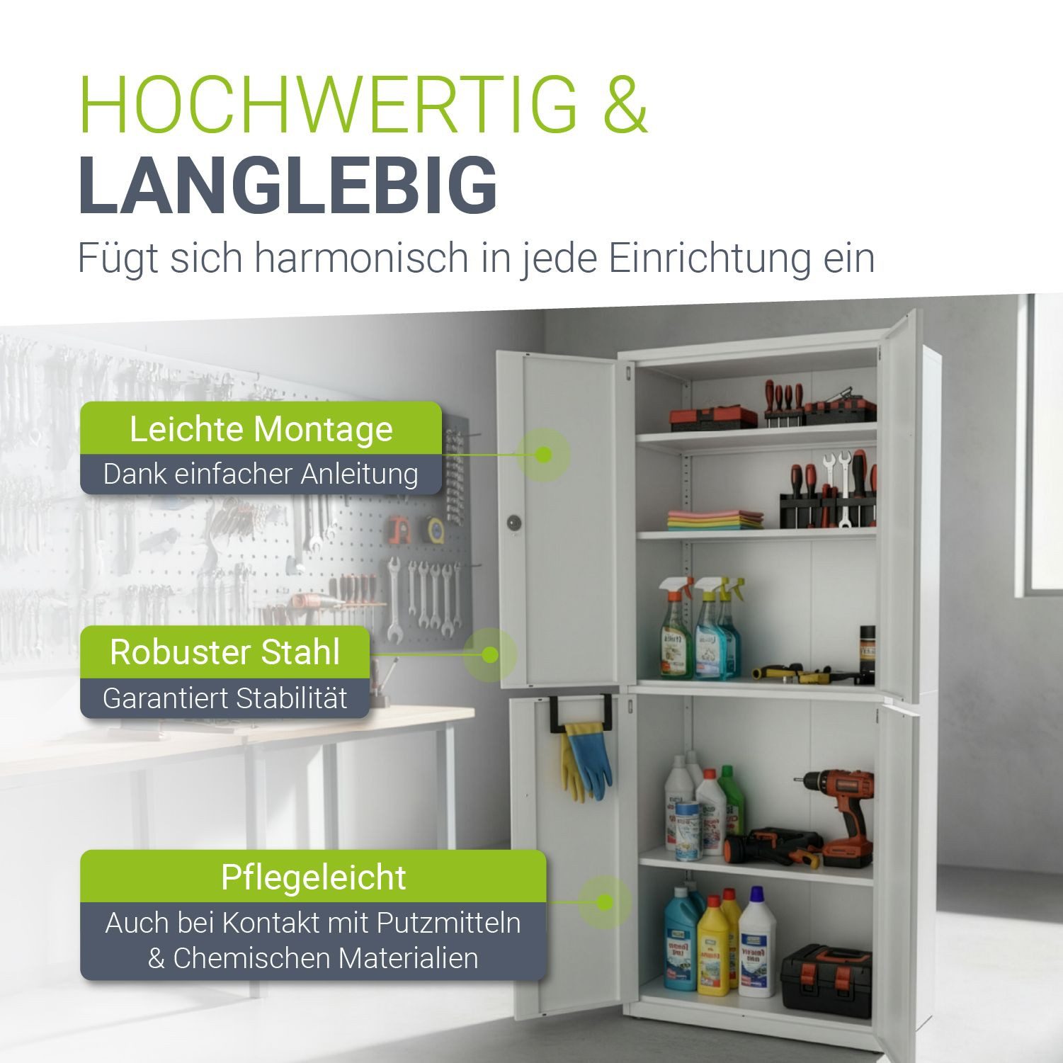 Juskys Aktenschrank abschließbarer Metallschrank, 2 Schlüssel, 3 Einlegeböden für je 45kg – Bild 5 von 5