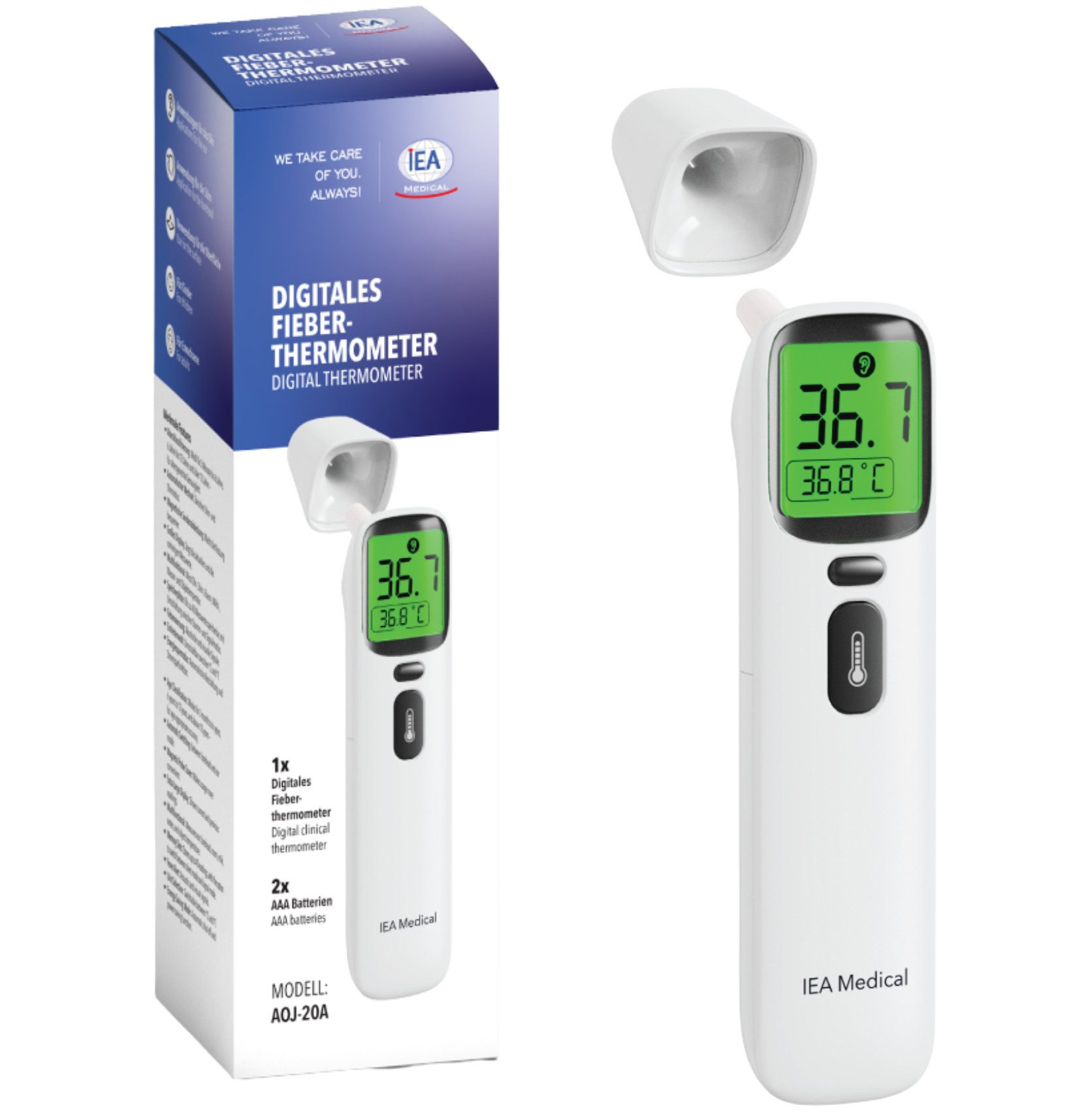 IEA Medical Infrarot-Fieberthermometer Digitales Fieberthermometer AOJ-20A, inkl. Tragebeutel, kontaktlos, für Babys, Kinder, Erwachsene, Farbwarnsystem, Stirn & Ohr