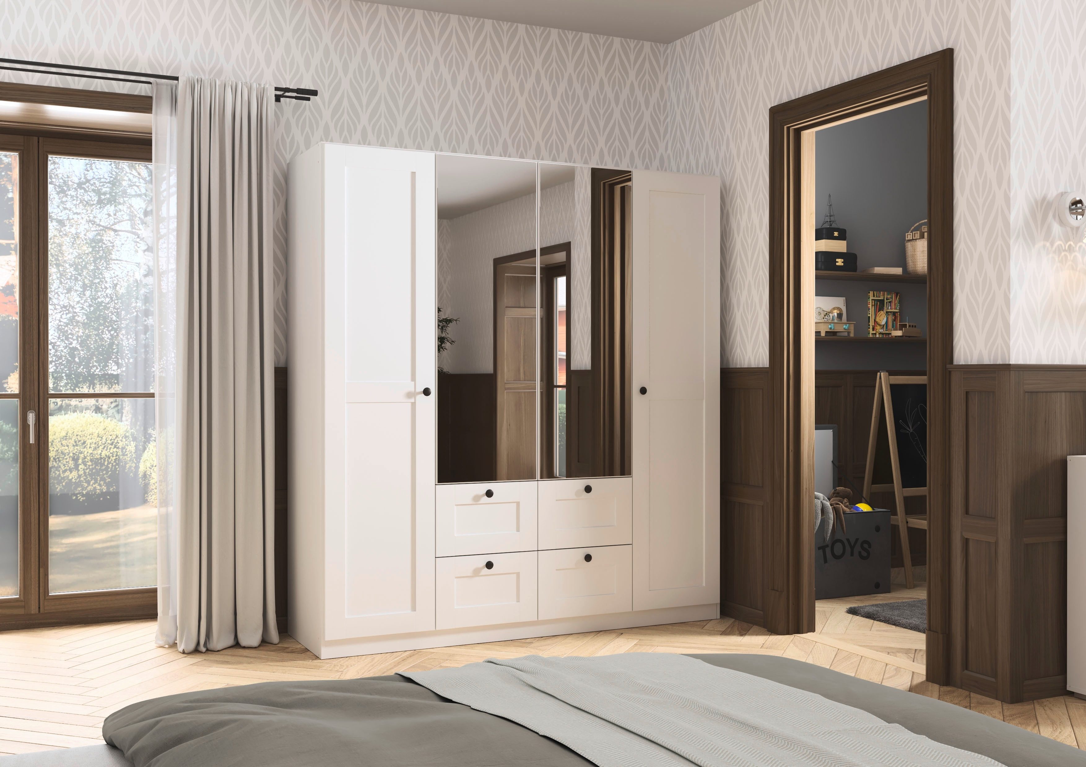 OTTO home Kleiderschrank Mehrzweckschrank Aktenschrank Möbel Mietswohnung Schlafzimmer YLVA (Breiten: 90/135/180 cm, Höhe 197 cm) skandinavischer Style mit Rahmenfront und Knopfgriffen MADE IN GERMANY