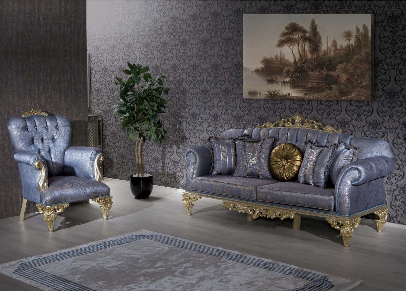 (2-St., in 1x Dreisitzer Sessel 3 Europa Sofa Couch Textil Sessel JVmoebel Möbel Made 3+1 + 1x Blau, Polster Sitzer Wohnzimmer-Set 3-Sitzer),