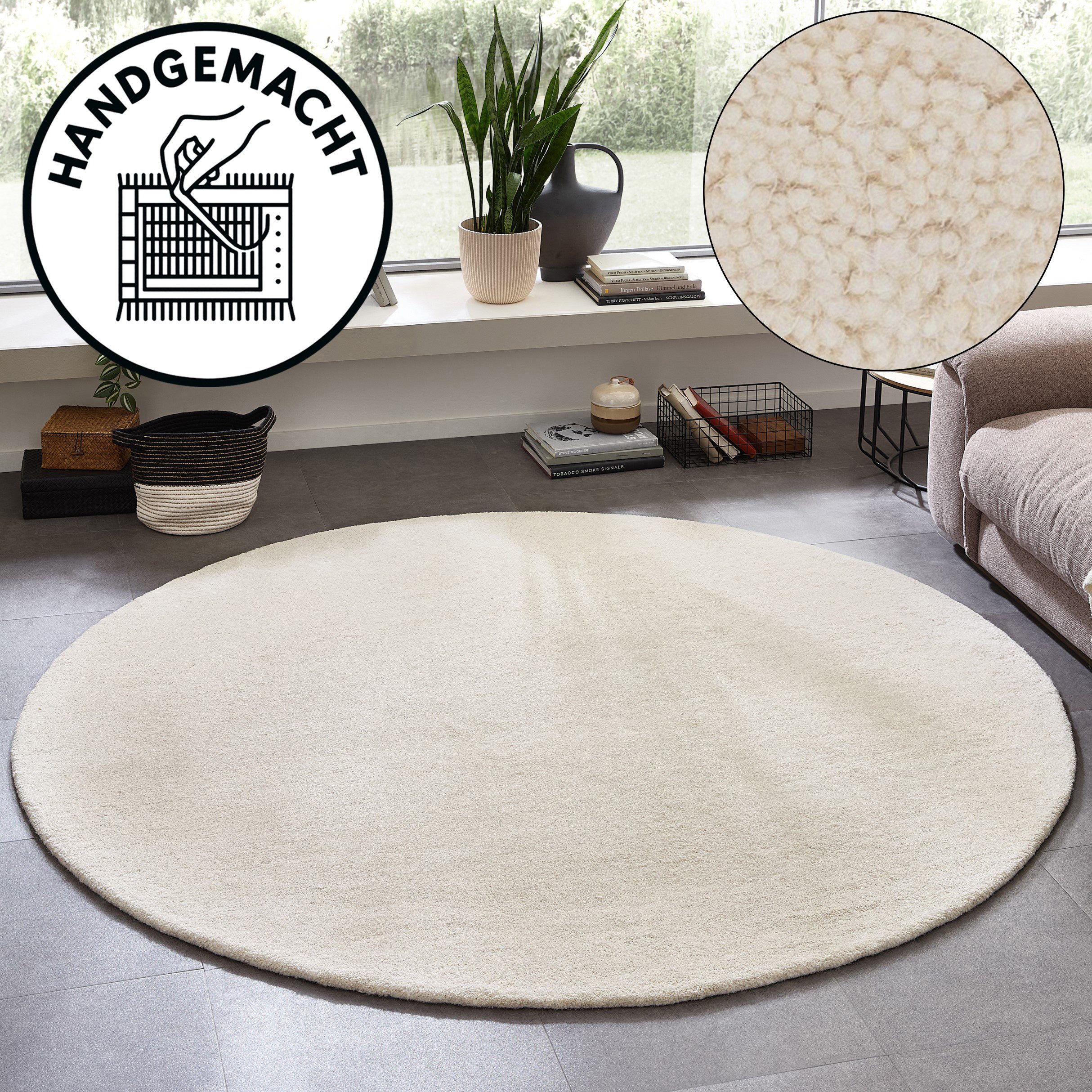 OTTO home Wollteppich Gabbo Natur, Handgefertigt, Teppich, reine Wolle, meliert, rund, Höhe: 14 mm, besonders weich und dicht