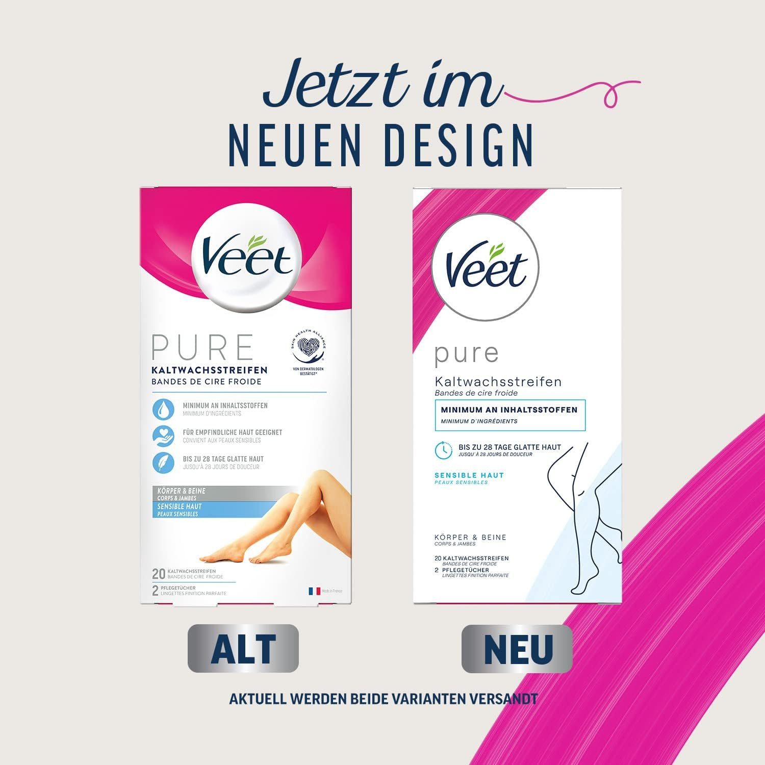 Veet Kaltwachsstreifen Pure für Haarentfernung, 20 St., an Körper, Arme & Beine, - geeignet für sensible Haut