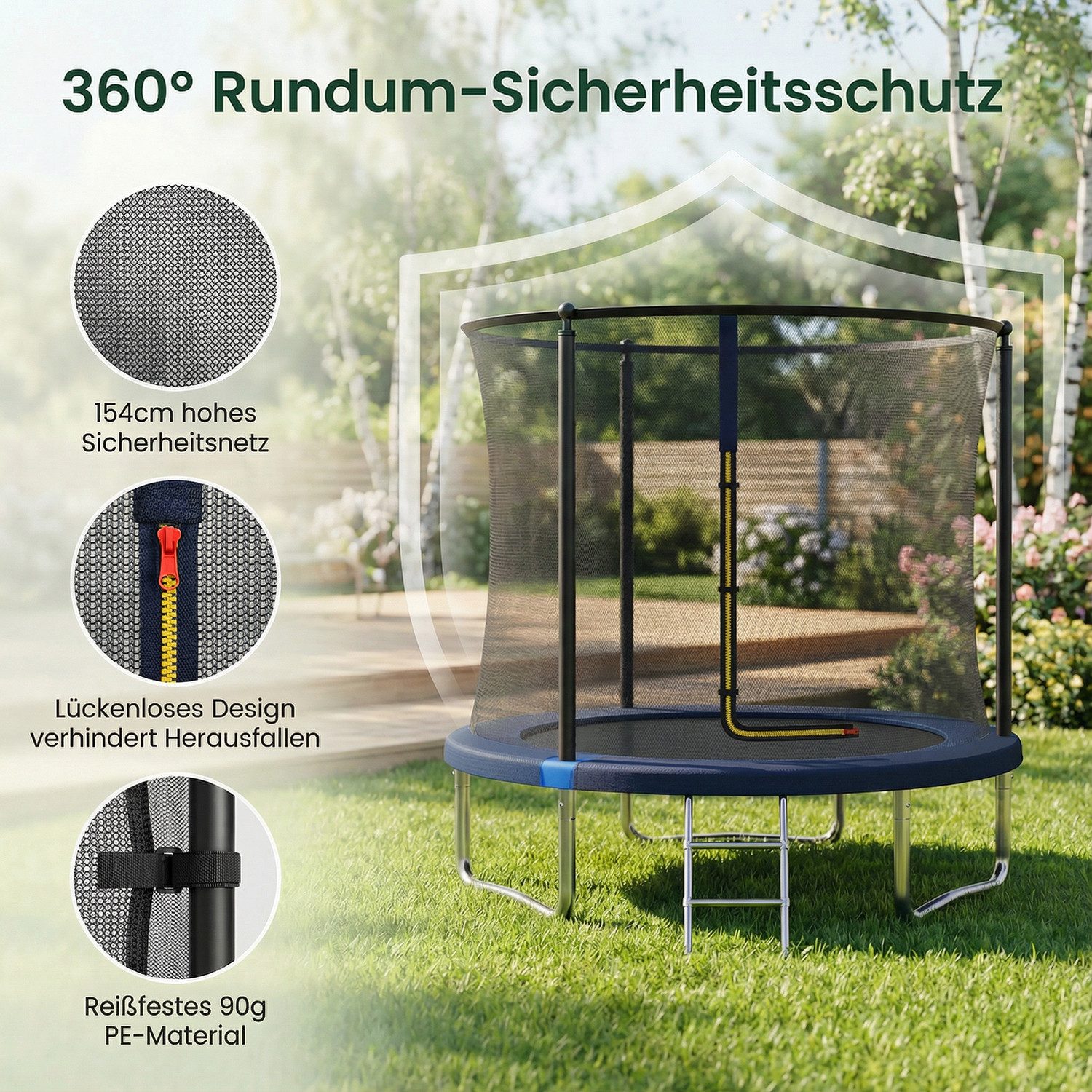 HOMALL Gartentrampolin Kindertrampolin, Outdoor-Trampolin, Durchmesser 183/222/290/360 cm, Ø 222 cm, (Ausgestattet mit Sicherheitsnetz, Leiter und 360°-Gelander – Bild 4 von 5