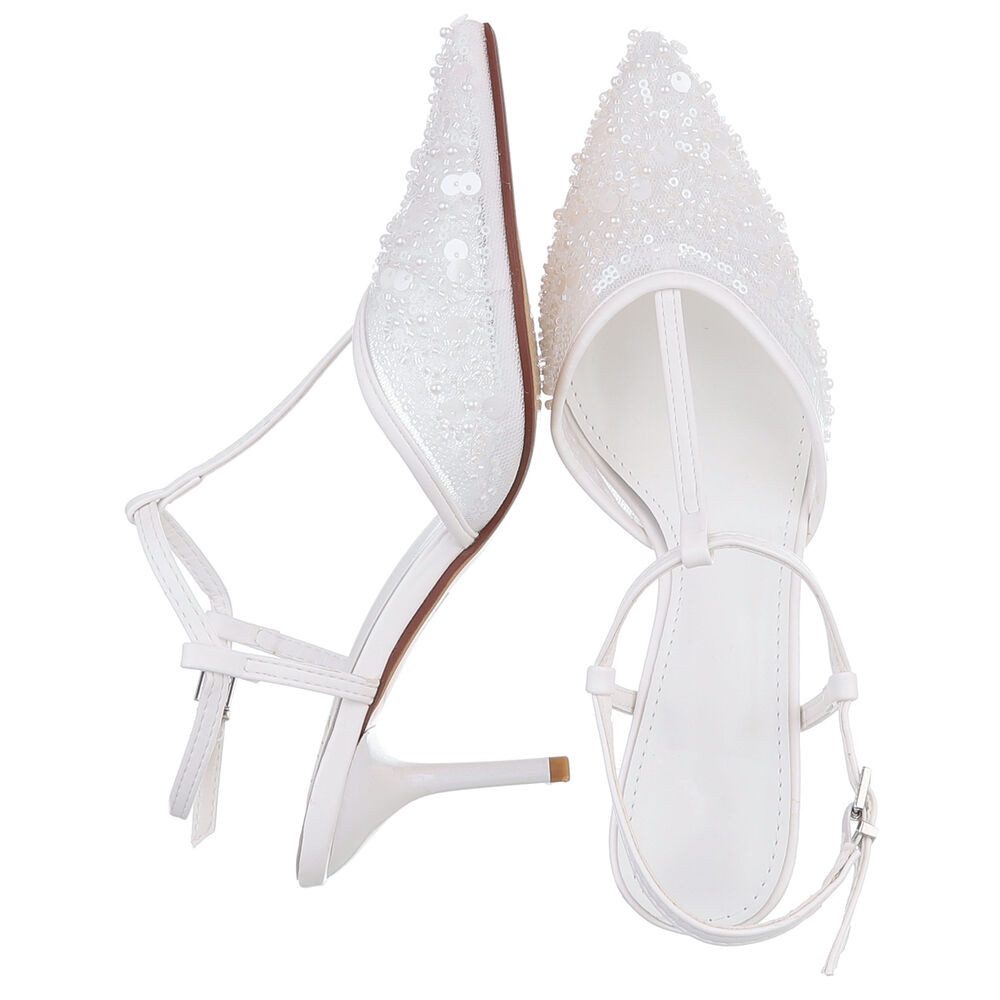 Ital-Design Damen Brautschuhe Pumps mit T-Riemen und Spitzenform Festlich Schnürpumps (91895691) Pfennig-/Stilettoabsatz Pumps in Weiß