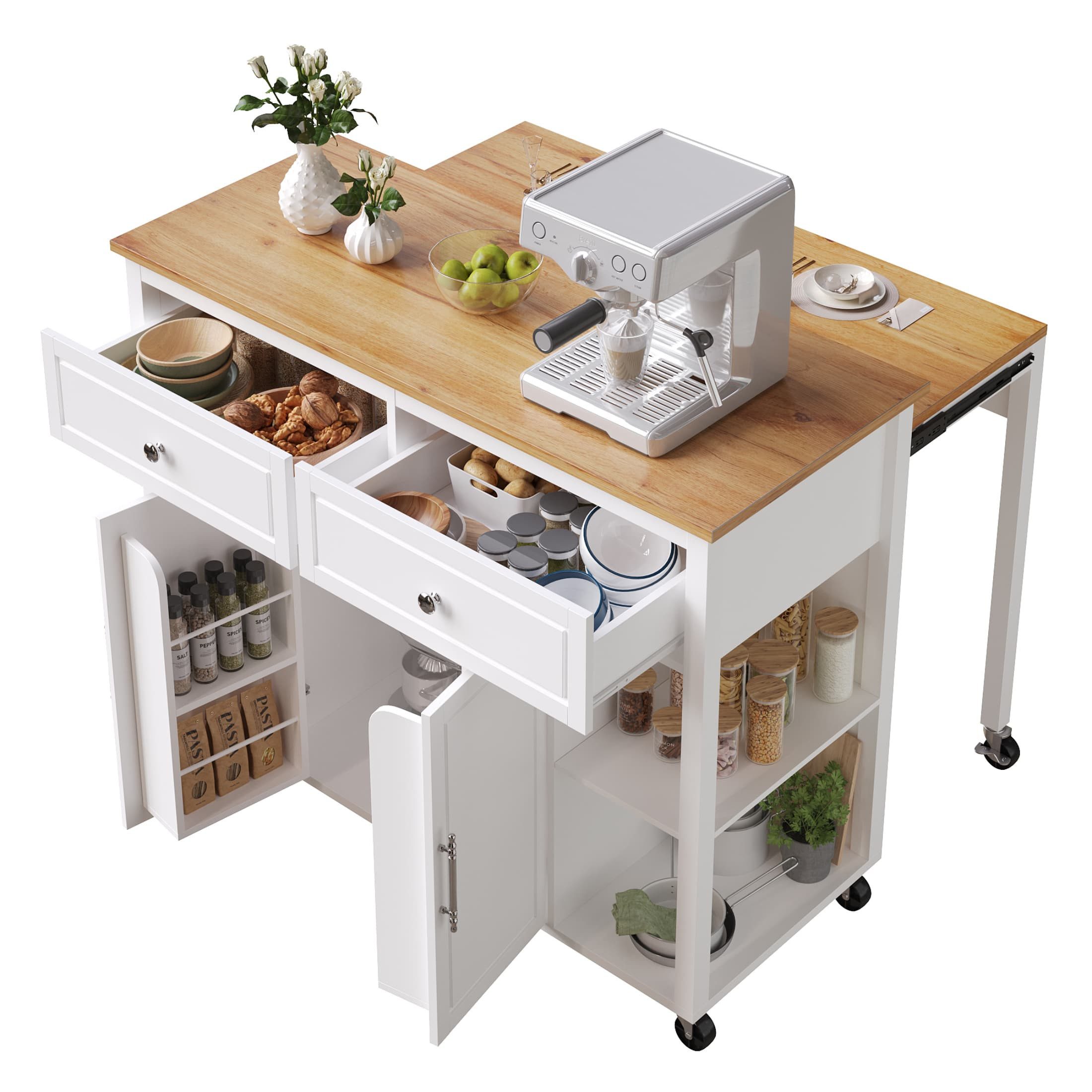 autolock Кухниinsel Кухниwagen Servierwagen mit Rollen, 2 Schubladen & Bremsen, Multifunktionaler Кухниwagen für Esszimmer, Wohnzimmer, Küche