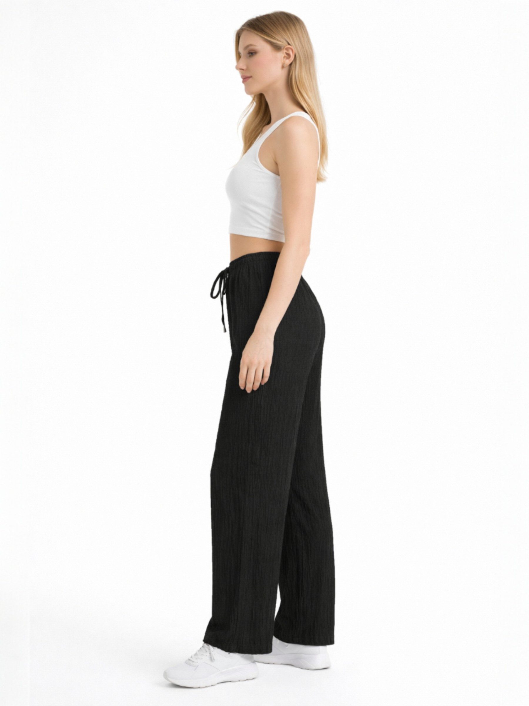 fashionshowcase Palazzohose Damen Crinkle Stoffhose elastischer Bund Tunnelzug weites Bein hoher Bund, elastischer Tunnelzug