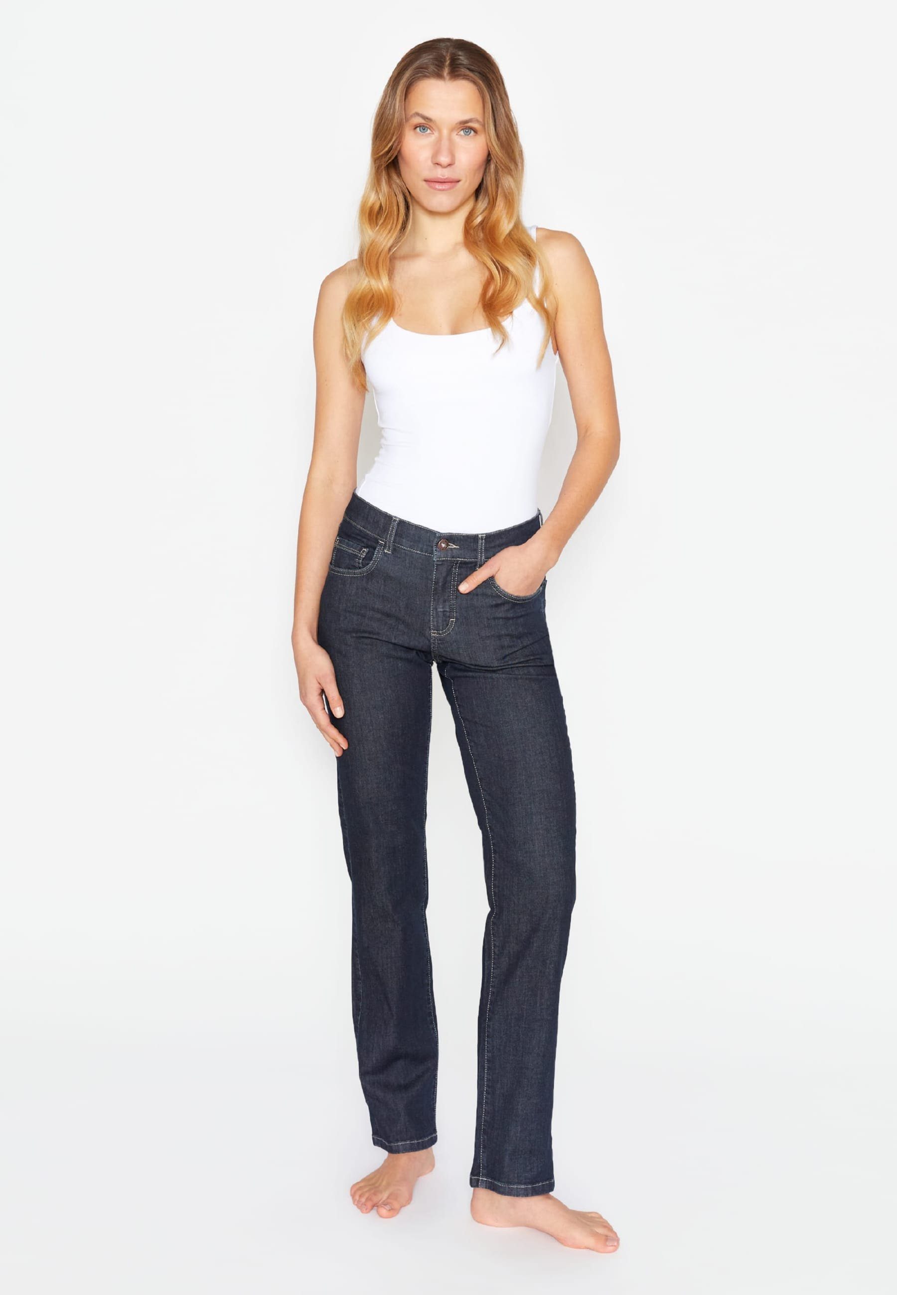 ANGELS Straight-Jeans Jeans Dolly mit geradem Label-Applikationen mit dunkelblau Bein