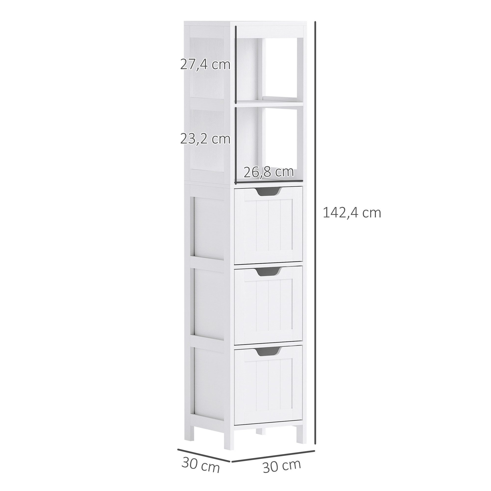 HOMCOM Badkommode Badezimmerschrank Hochschrank mit 3 Schubladen, 2 offenen Fächern (Hochschrank mit 3 Schubladen, 2 offenen Fächern, 1 St., Aufbewahrungsschran – Bild 3 von 5
