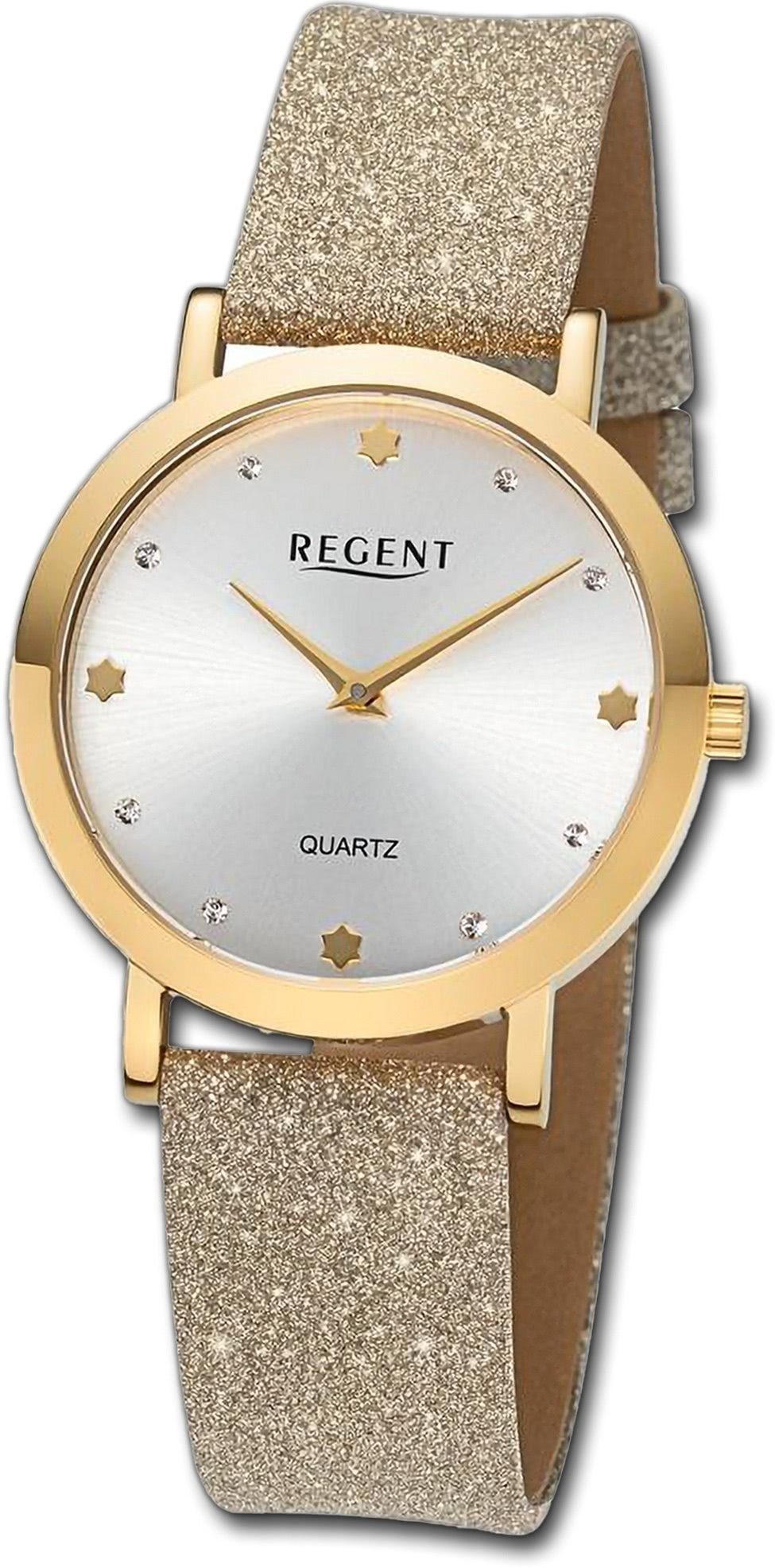 Regent Quarzuhr Regent Damen Armbanduhr Analog, Damenuhr Lederarmband gold, rundes Gehäuse, extra groß (ca. 32,5mm)