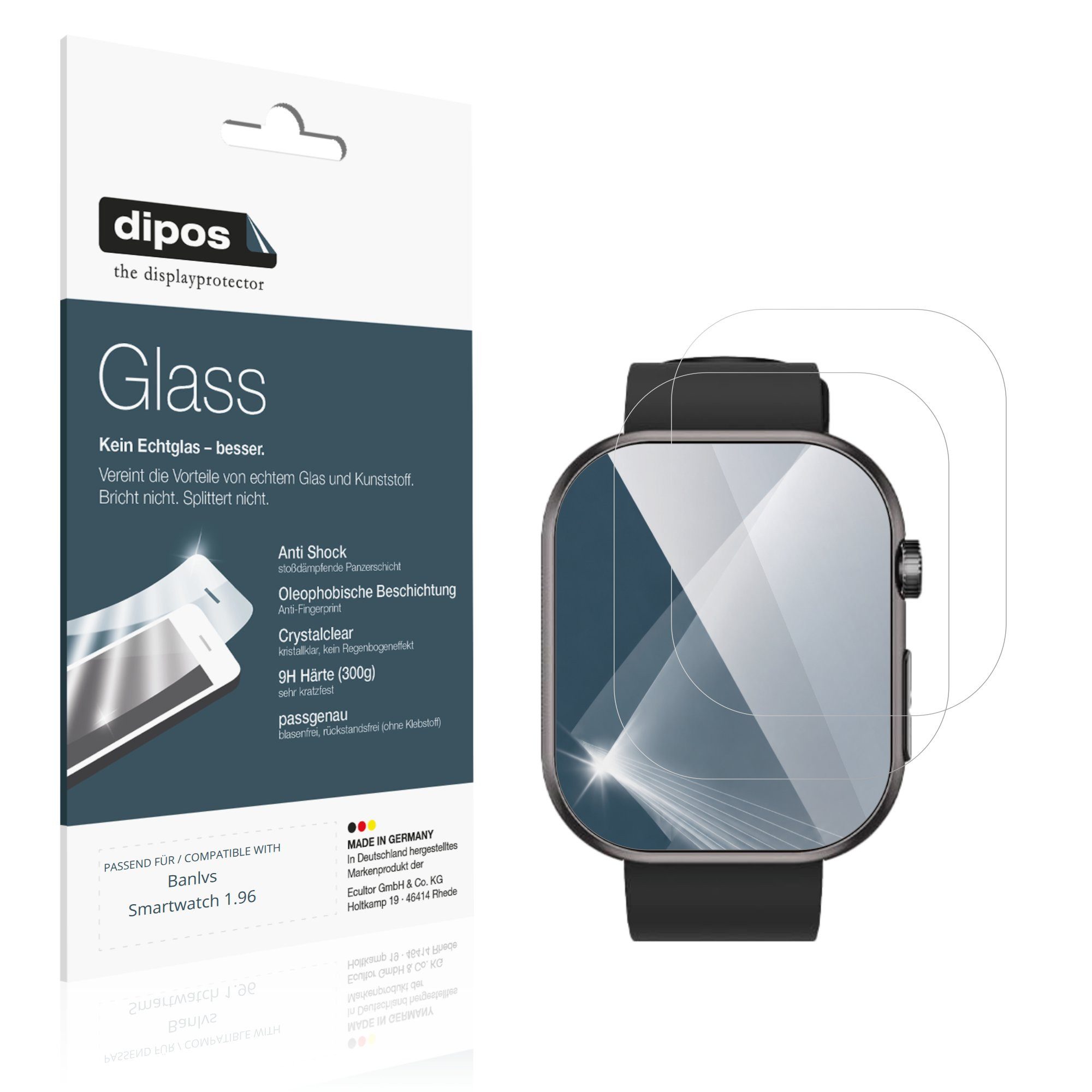 dipos Displayschutzfolie Schutzfolie für Banlvs Smartwatch 1.96, 2 Stück, Displayschutz Schutz Folie Made in Germany