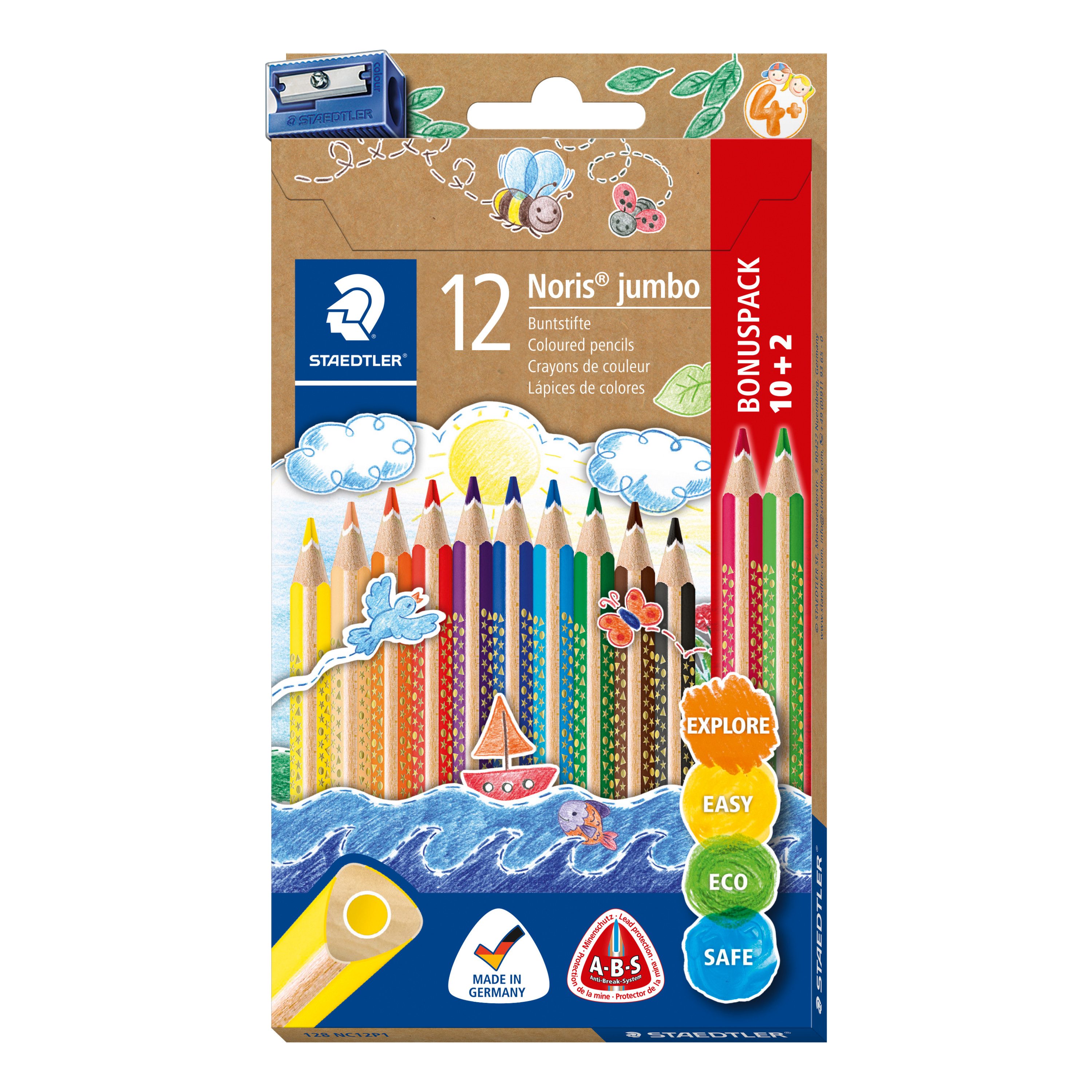 STAEDTLER Buntstift Noris color Jumbo Buntstifte, (12-tlg), inklusive Anspitzer
