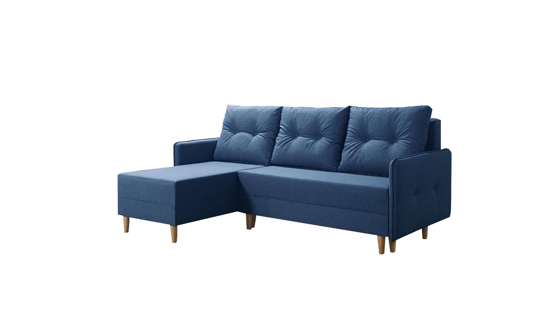 Siblo Ecksofa Ausklappbares Ecksofa Azzurra mit Schlaffunktion - Bettzeugbehälter - modernes Ecksofa - Holzfüße - Wohnzimmer Marineblau