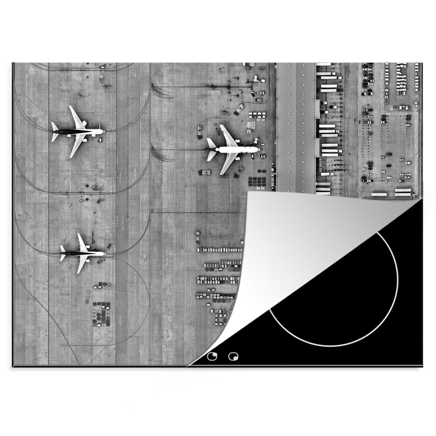 MuchoWow Herdblende-/Abdeckplatte cm, oben Mobile Vinyl, Ceranfeldabdeckung (1 Arbeitsfläche 70x52 - und von weiß, tlg), schwarz Flughafen nutzbar