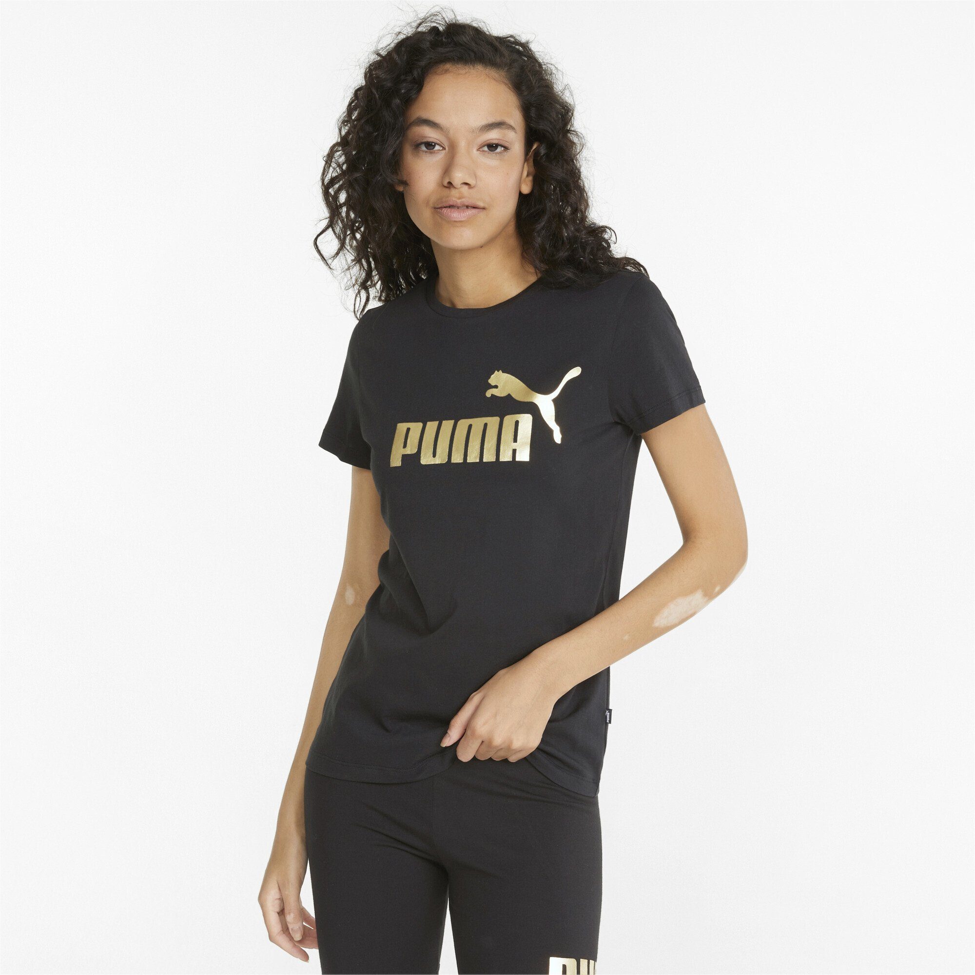 Black PUMA Gold Metallic Damen T-Shirt Logo T-Shirt Foil Essentials+