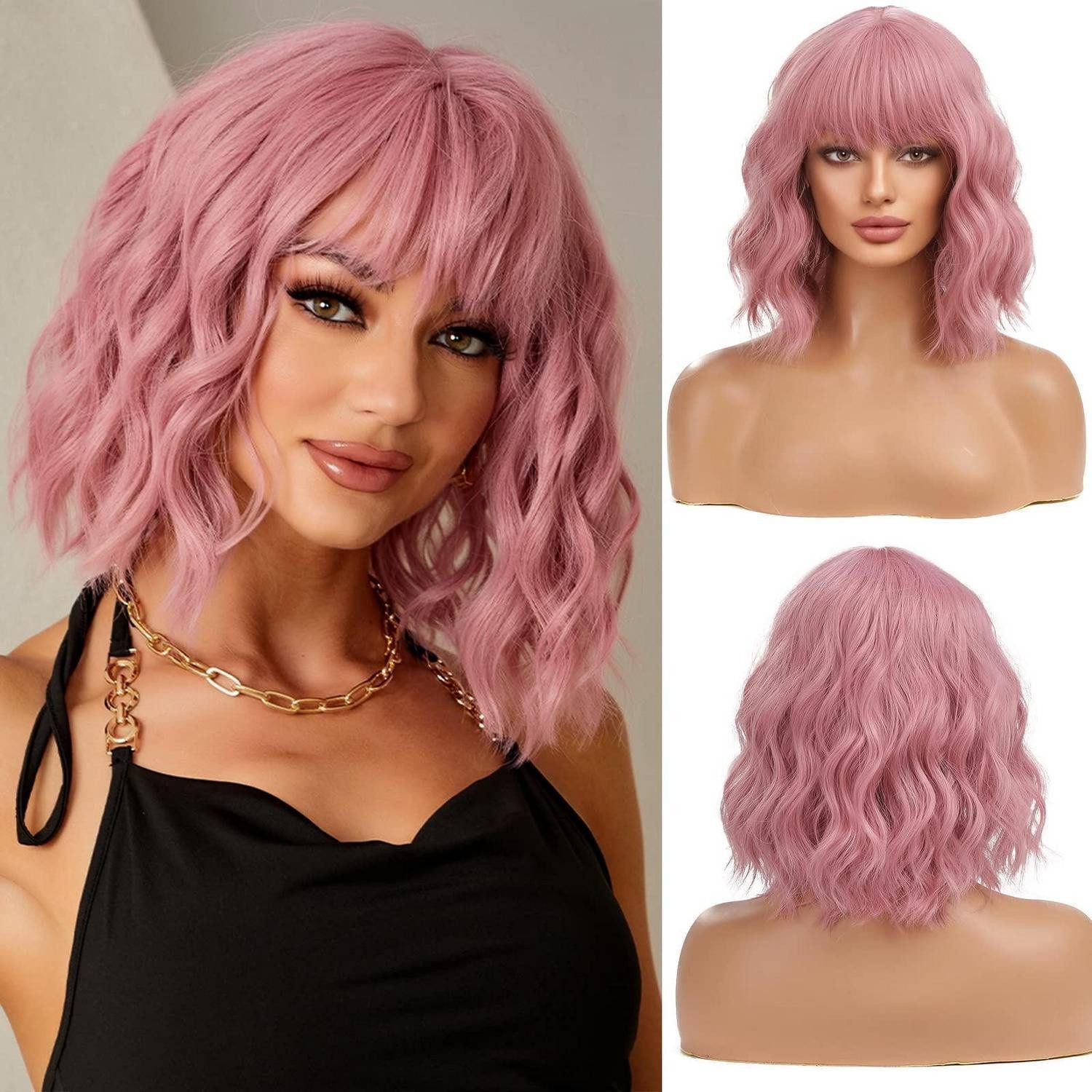 LuxusKollektion Kunsthaarperücke Perücke Bob Pony Schulterlänge Cosplay 12Zoll Rosa Kurze