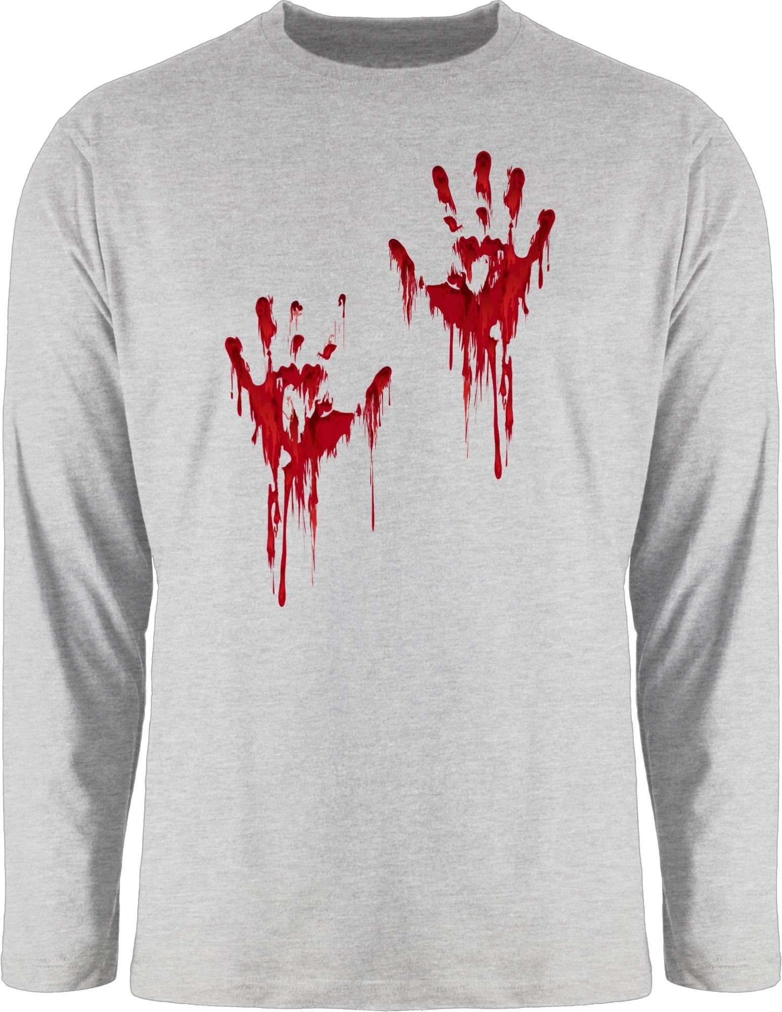 Shirtracer Rundhalsshirt Blutige Hände Blut Handabdruck Blutverschmiert Blutiges Blutspritzer H Halloween Kostüme Herren 1 Grau meliert