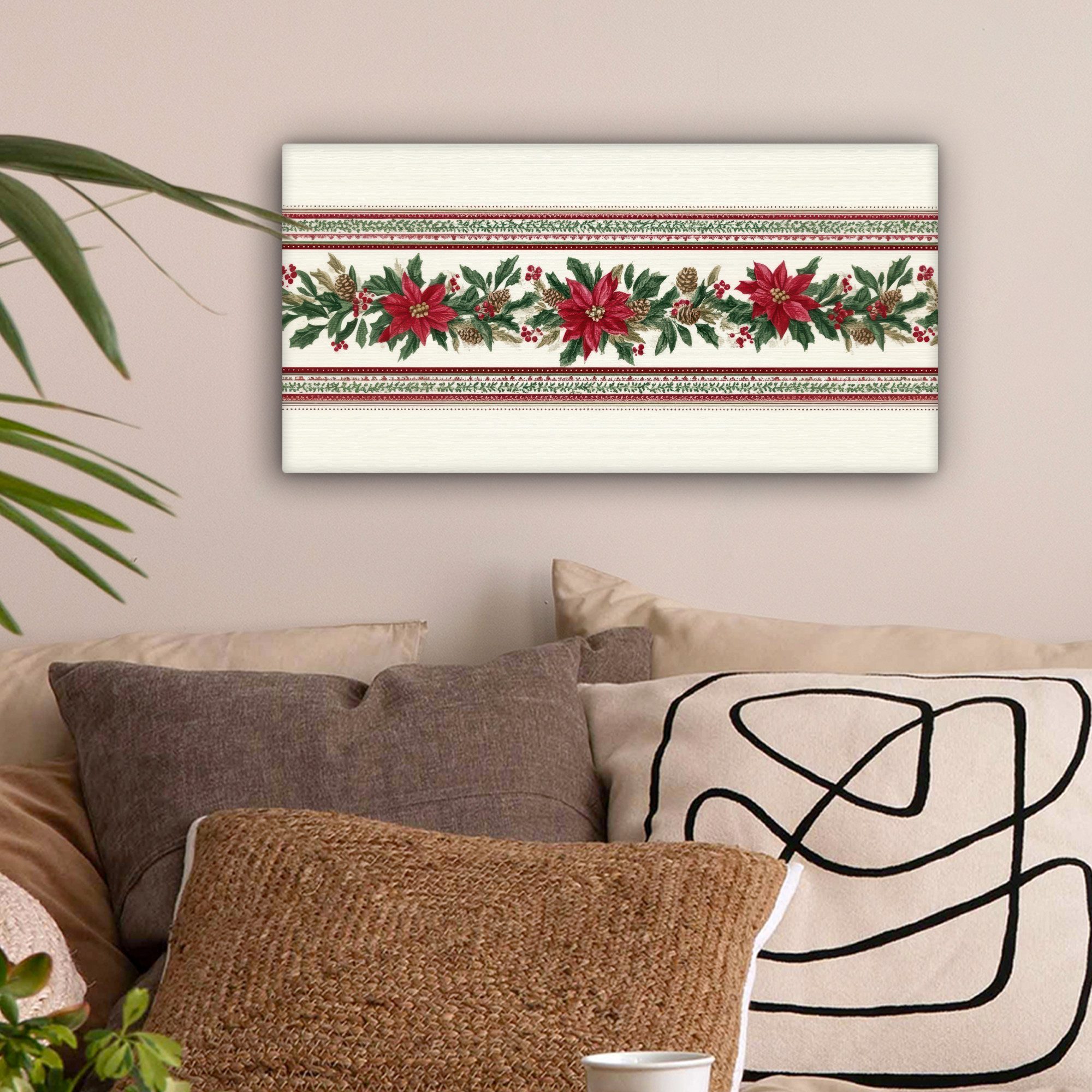 OneMillionCanvasses® Leinwandbild Panorama Weihnachtsstreifen - Weihnachtsstern - Rot - Grün, Fotodruck (1 St), Wandbild, Deko Schlafzimmer Wohnzimmer Flur 40x20 cm