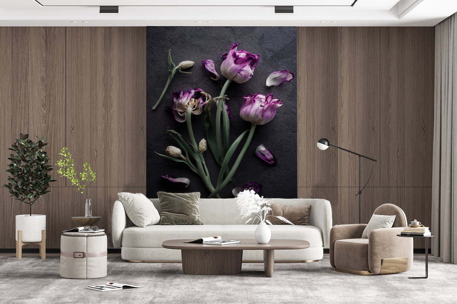 bedruckt, MuchoWow (3 Lila Vinyl Tulpen Fototapete Wohnzimmer, Montagefertig Blätter, St), - Matt, Tapete Wandtapete für -