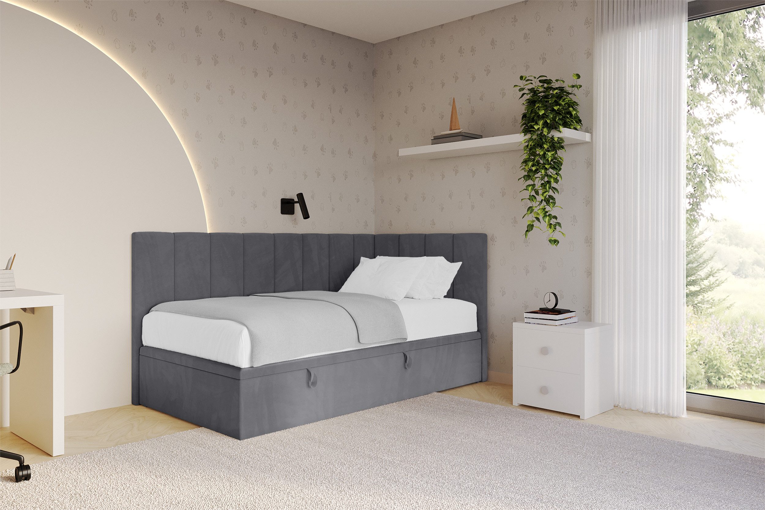 ALTDECOR Jugendbett LOVY (Jugendbett mit Bettkasten und Lattenrost, Polsterbett ohne Matratze), Eizelbett mit Stauraum, Bett mit Kopfteil