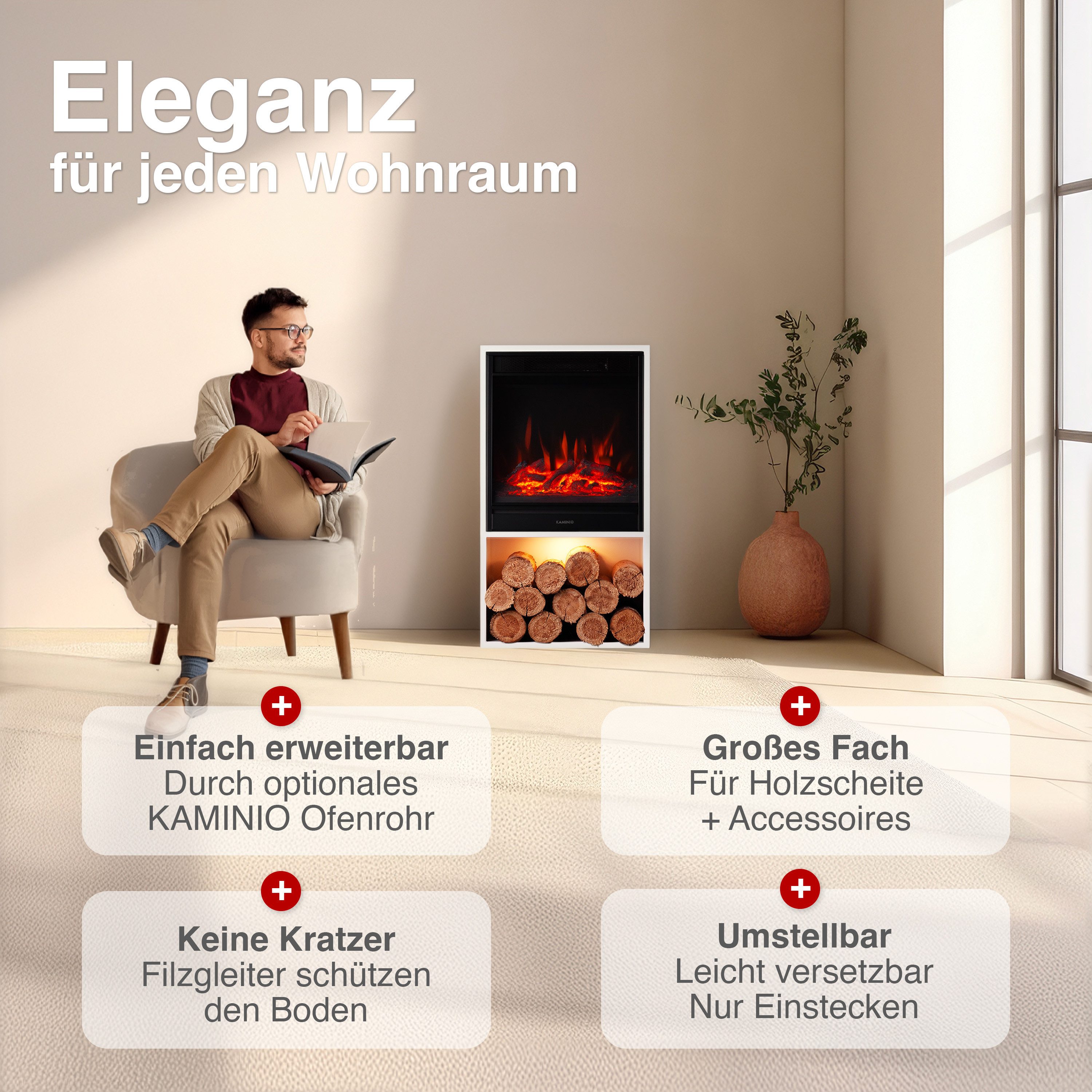 KAMINIO Elektrokamin HUGO, Elektrischer Kamin mit 3D-Flammeneffekt, Heizung 1800W