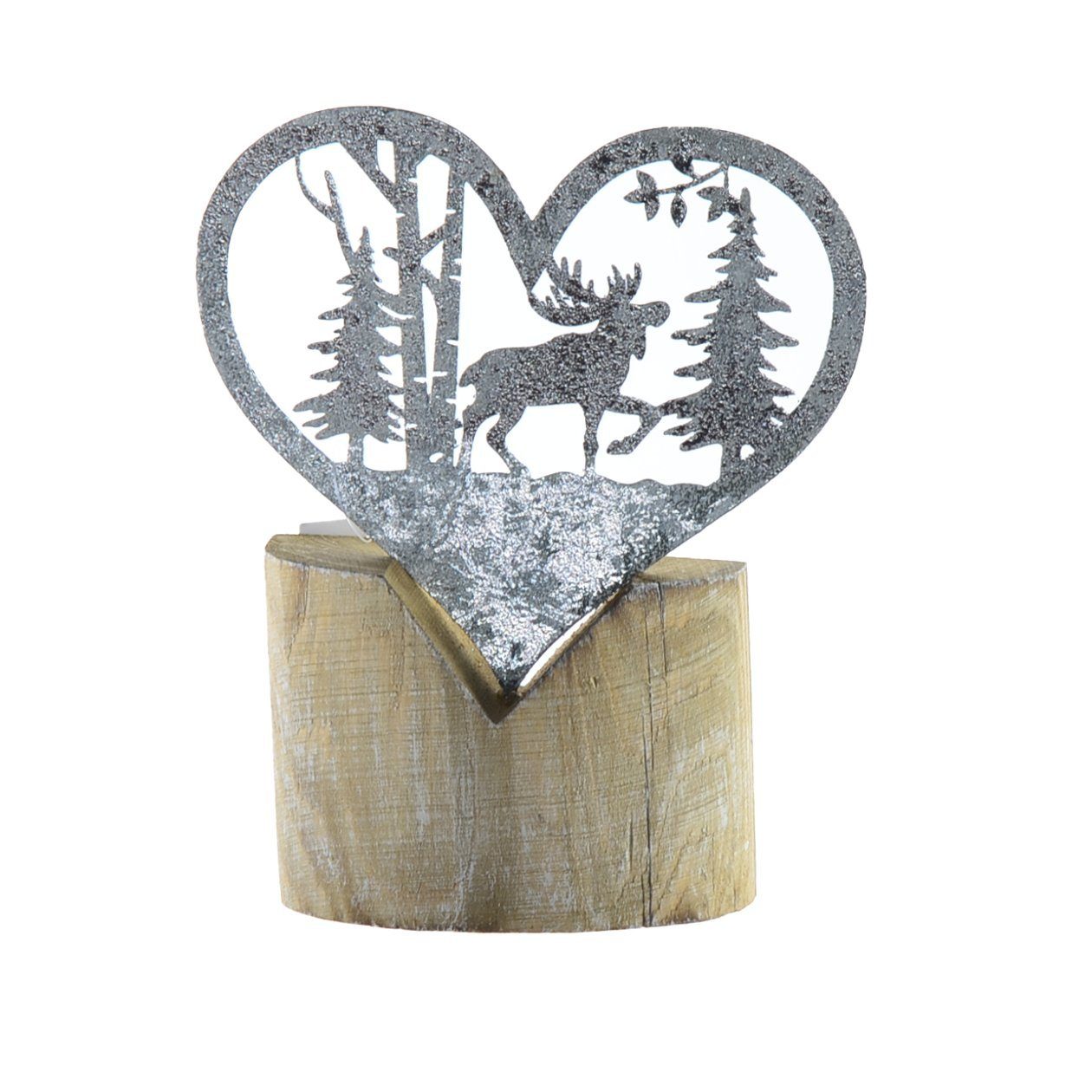 B&S Dekofigur Herz auf Holzfuß verziert mit Wald und Rentier im Shabby-Look