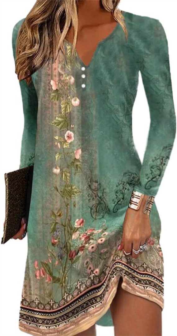AFAZ New Trading UG Sommerkleid Damen Kurzarm Rundhals Kleid Bohemian Blumen Sommerkleider (MiniKleid Blumendruck Lose Tunika Freizeitkleid) Damenkleid mit langen Ärmeln und V-Ausschnitt, geknöpft, unregelmäßig