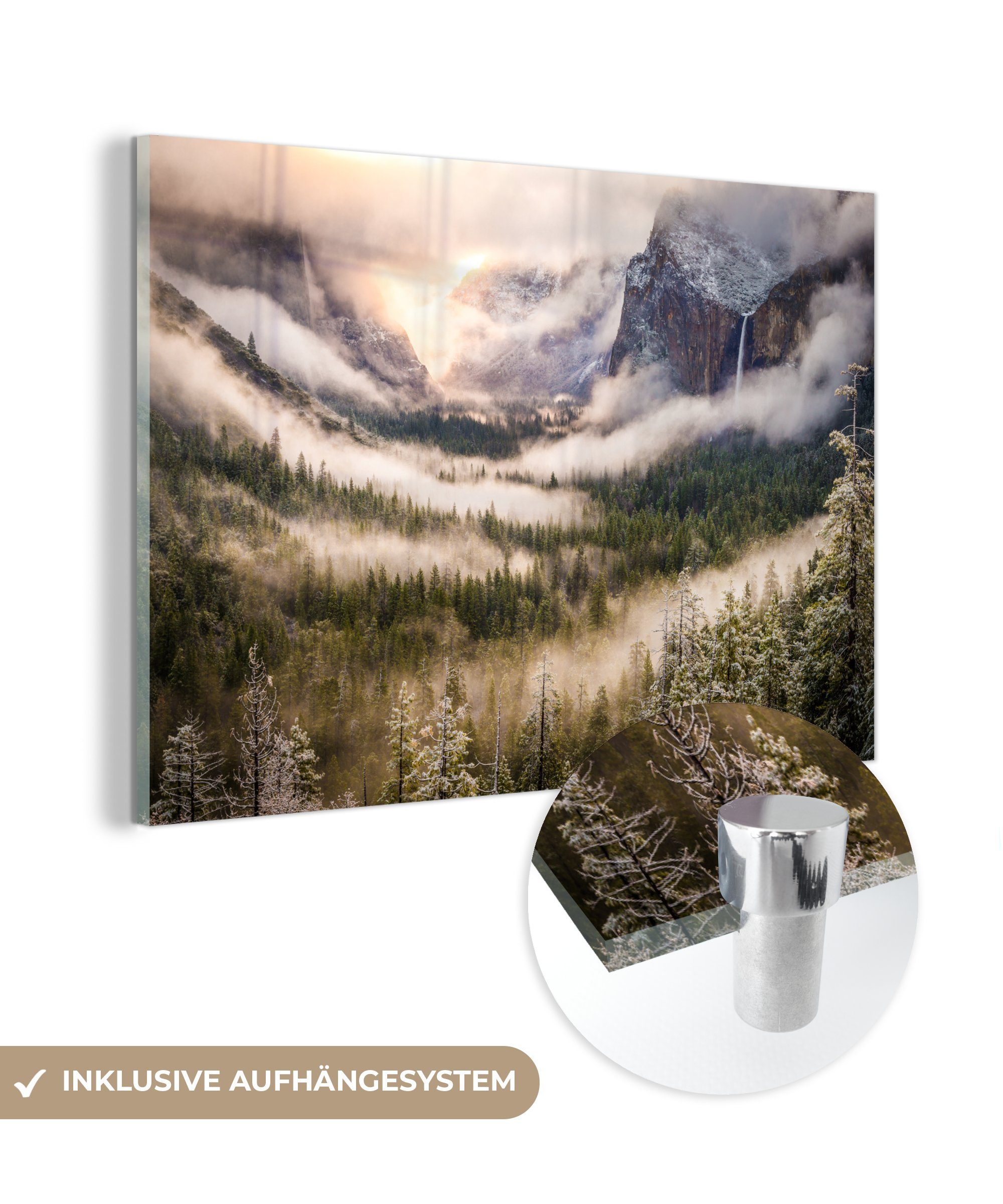 MuchoWow Acrylglasbild Der Nebel und der Schnee im Yosemite-Nationalpark, (1 St), Acrylglasbilder Wohnzimmer & Schlafzimmer