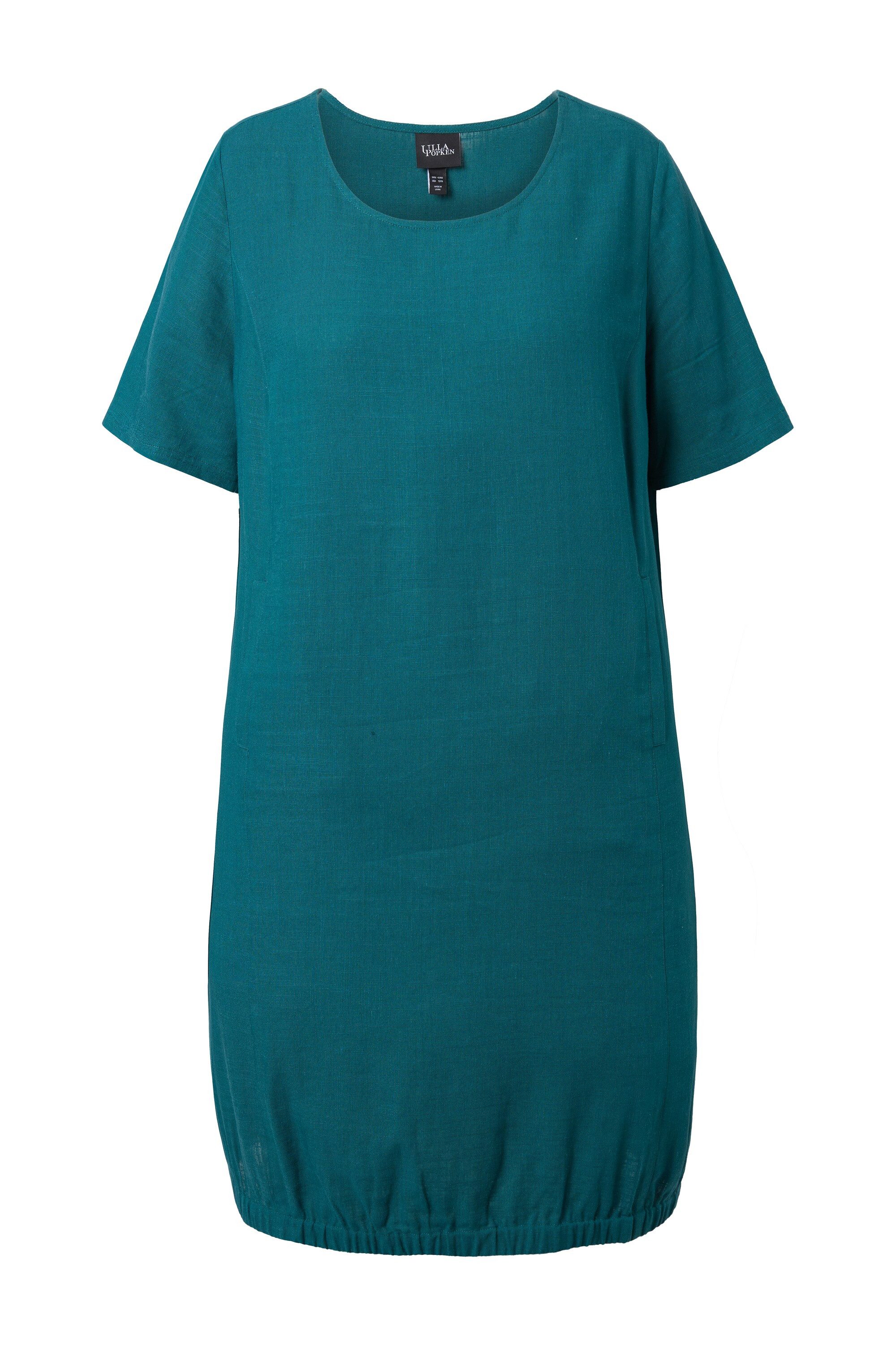 Midikleid Leinenmix-Kleid A-Linie Rundhals Halbarm Taschen