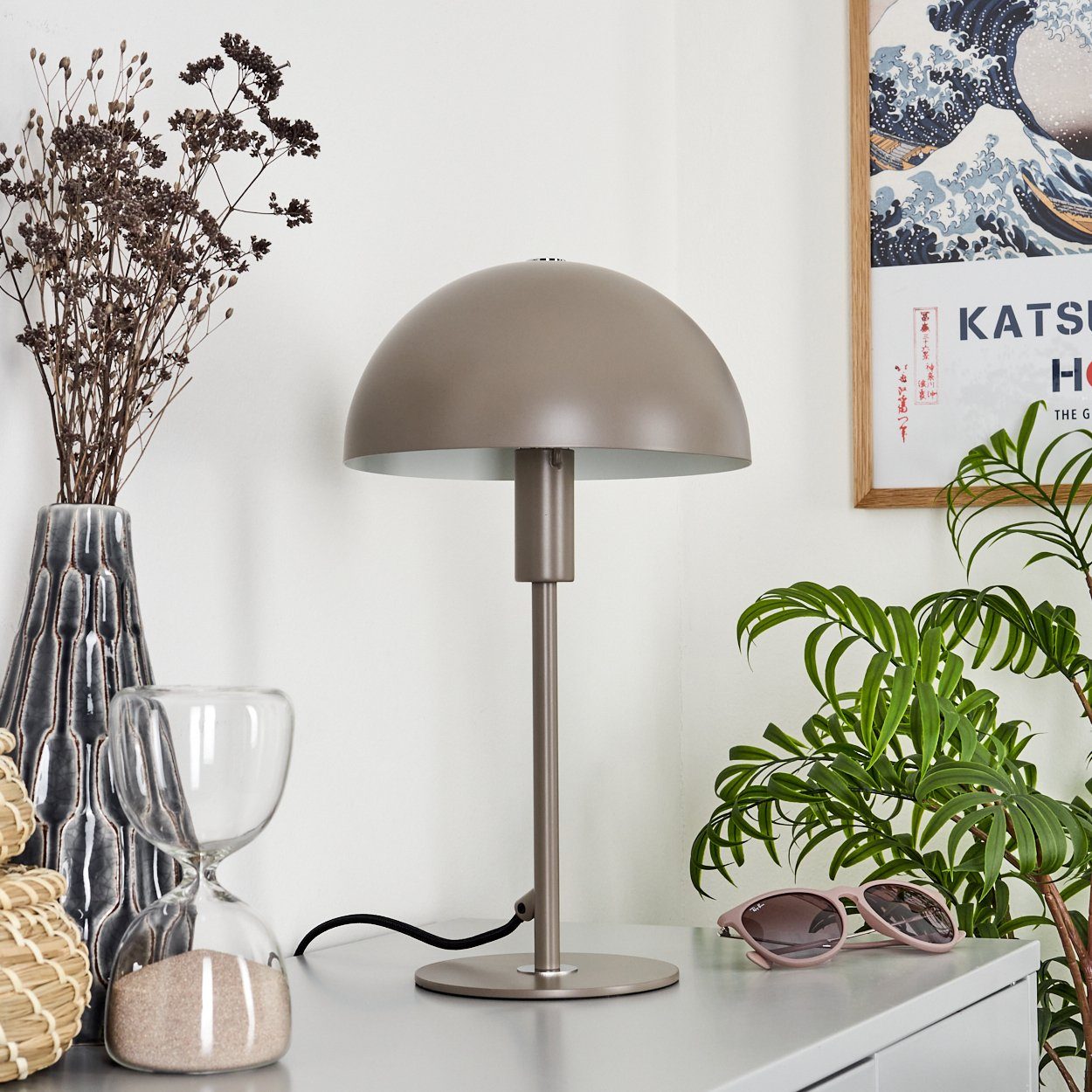 hofstein Tischleuchte moderne Nachttischlampe aus Metall in Grau/Weiß, ohne Leuchtmittel, runde Tischlampe, Ø 20 cm, Höhe 35 cm, mit An-/Ausschalter, 1 x E14