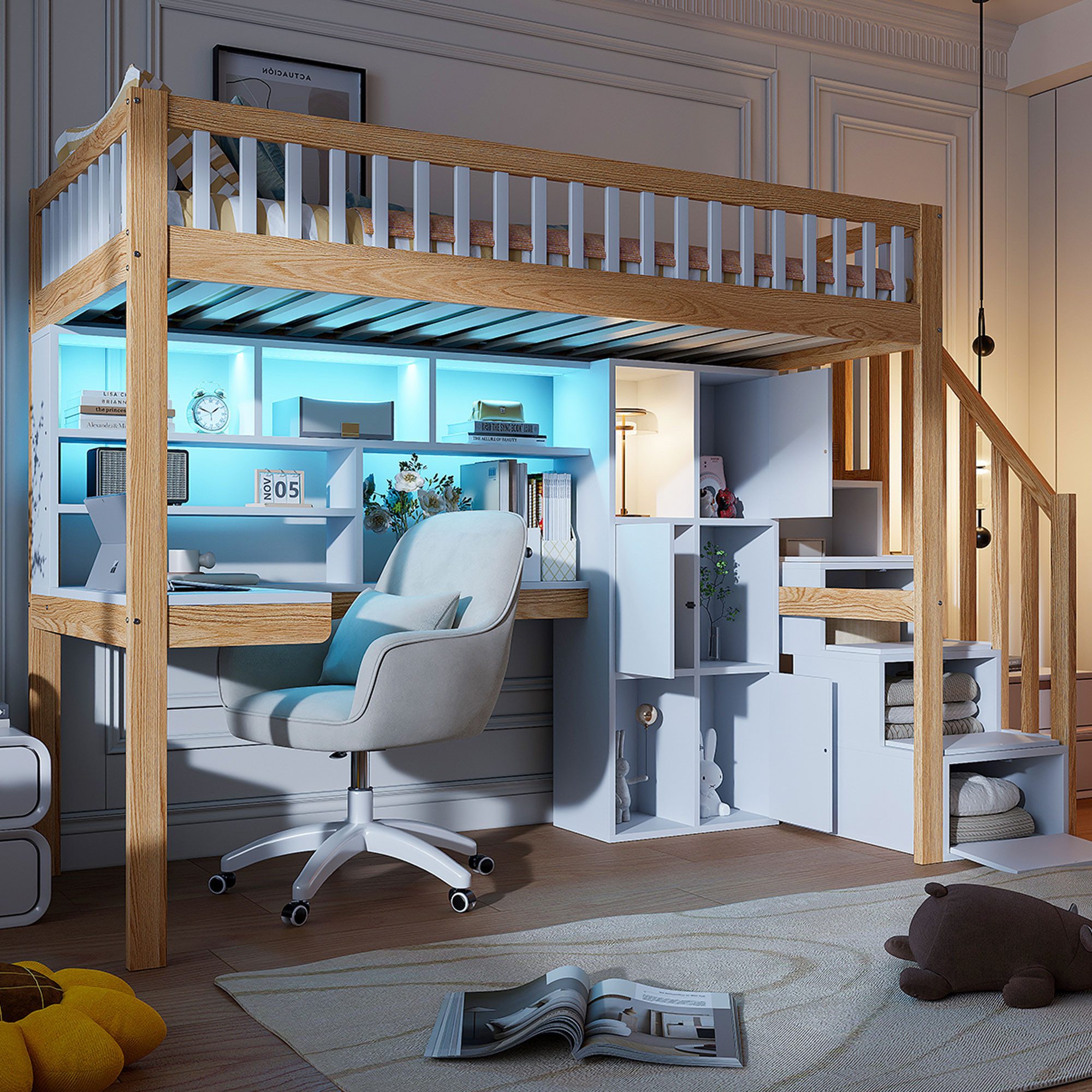 Merax Hochbett 90x200cm mit LED-Beleuchtung (Weiß+Natur, 1-St., Etagenbett günstig online kaufen