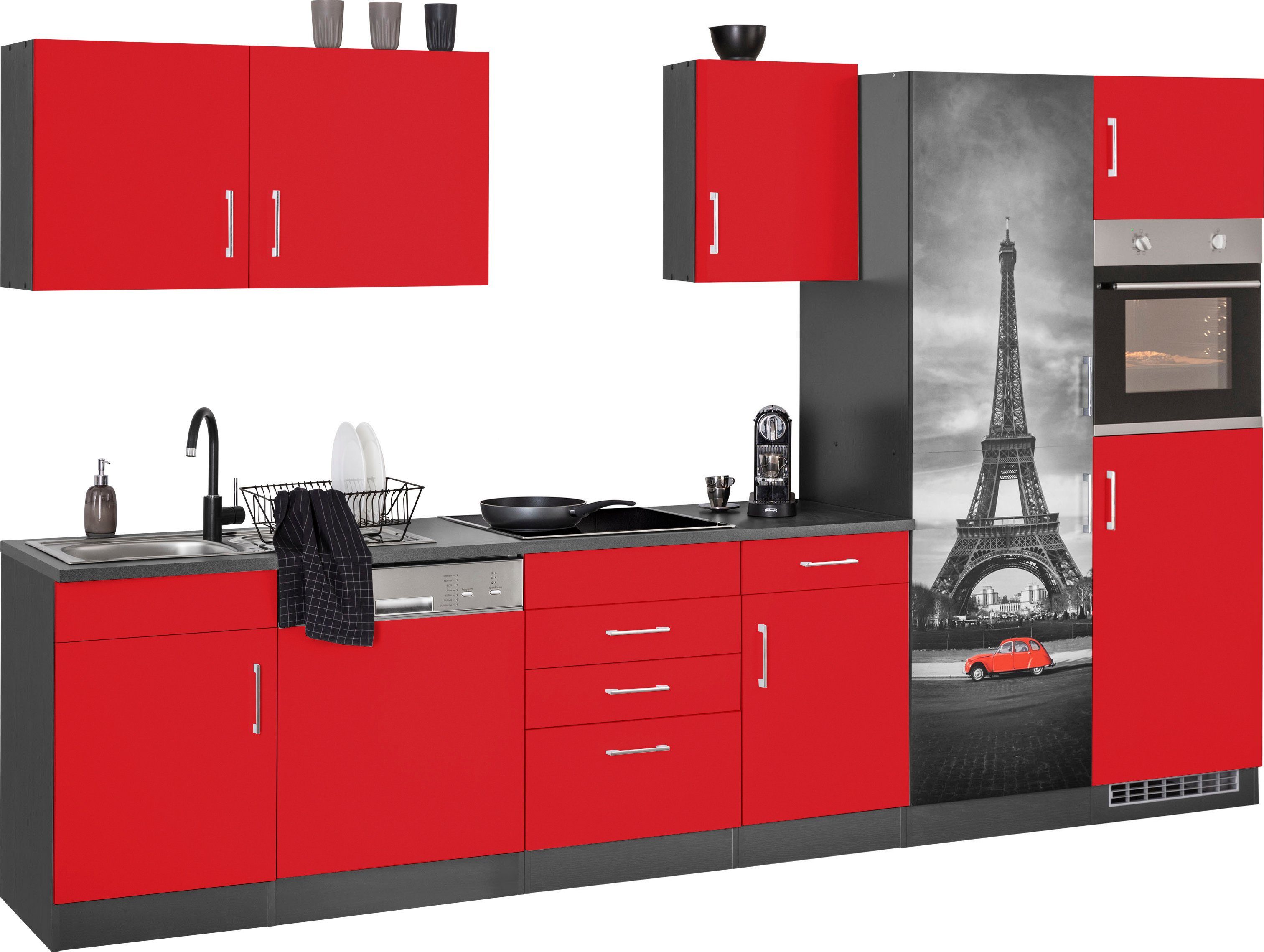 KOCHSTATION Küchenzeile KS-Paris – Küchen mit einzigartigen Fotomotiven auf den Fronten, Breite 340 cm, wahlweise mit E-Geräten und Induktion