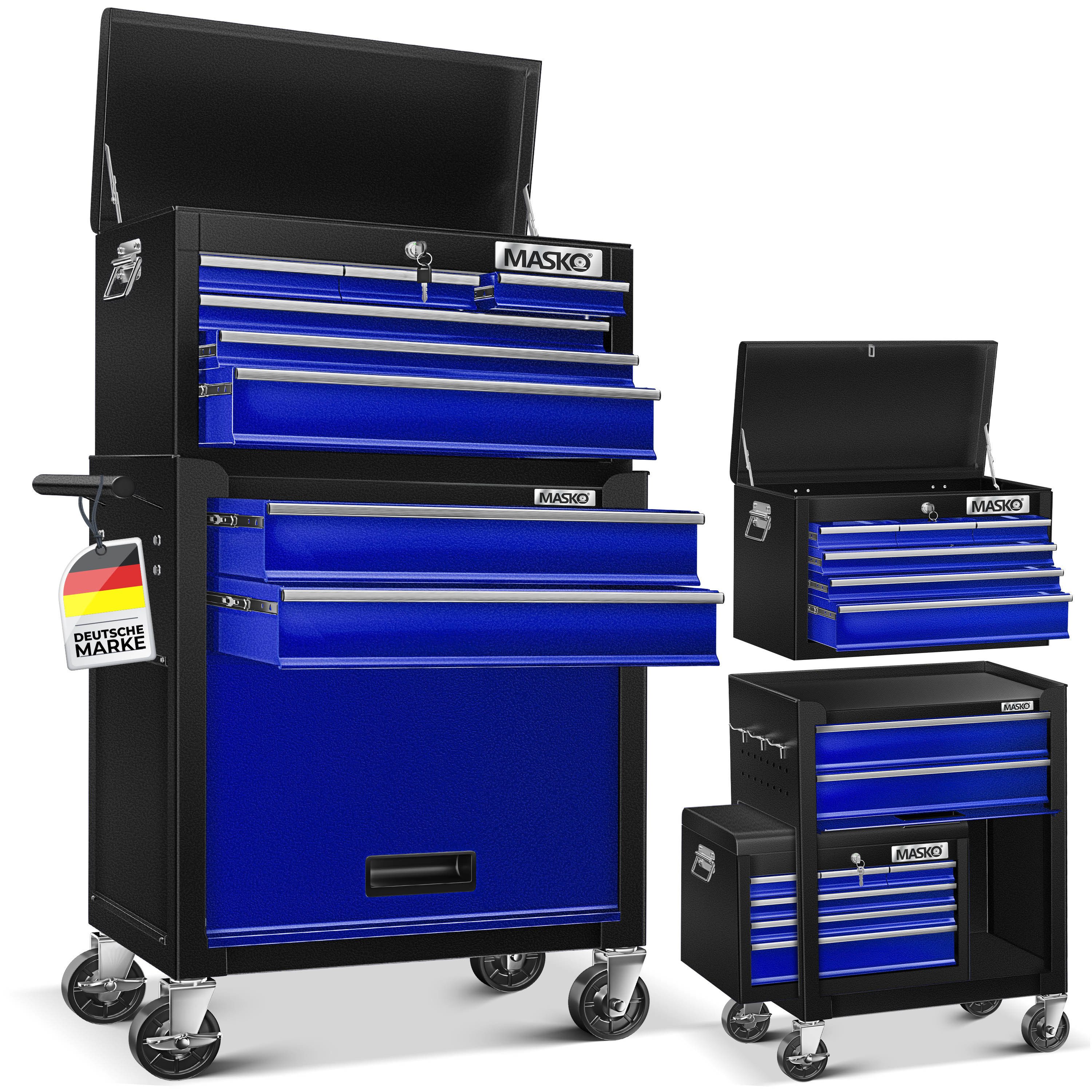 MASKO Werkstattwagen, blau, Werkzeugwagen inklusive Koffer 9 Fächer Abschließbar Metall Rollwagen