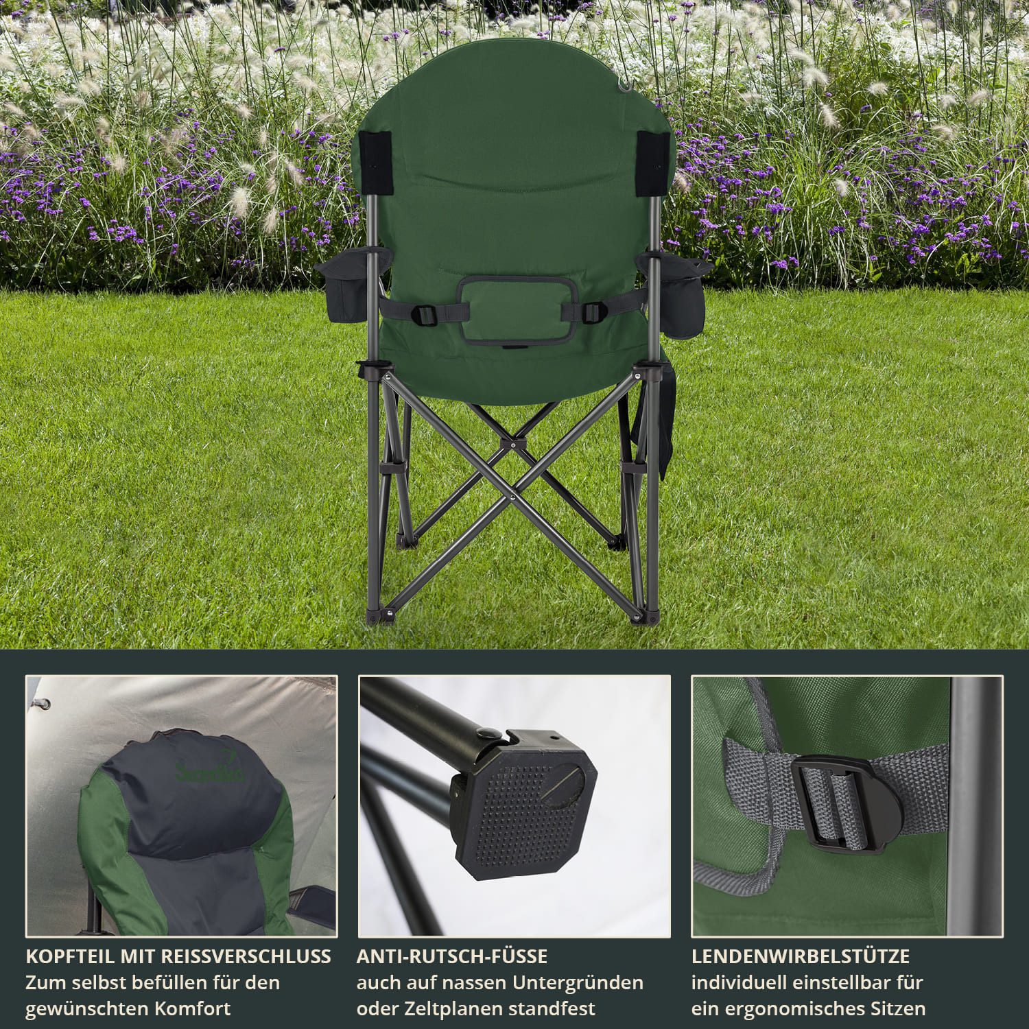Skandika Campingstuhl Relax Comfort, Klappstuhl, Faltsessel, Anglerstuhl, Gartenstuhl (Max. Nutzergewicht 160 kg, Reißverschlussfach im Kopfteil, Tragetasche),  – Bild 4 von 5
