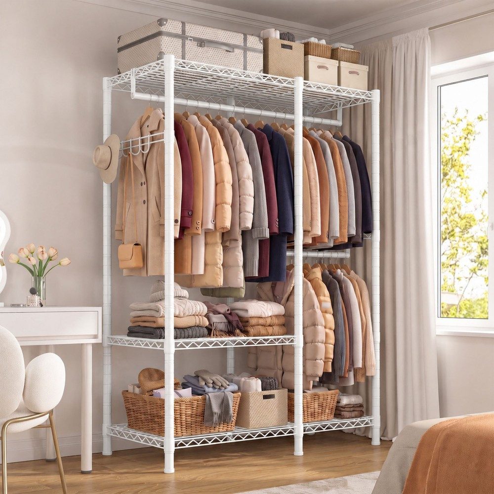 Klyvvo Kleiderständer Offener Kleiderschrank mit 3 Regalböden & 4 Haken für Mäntel, Jacken, (1 St., Höhenverstellbarer Kleiderständer mit 2 Kleiderstangen), 200 – Bild 2 von 5