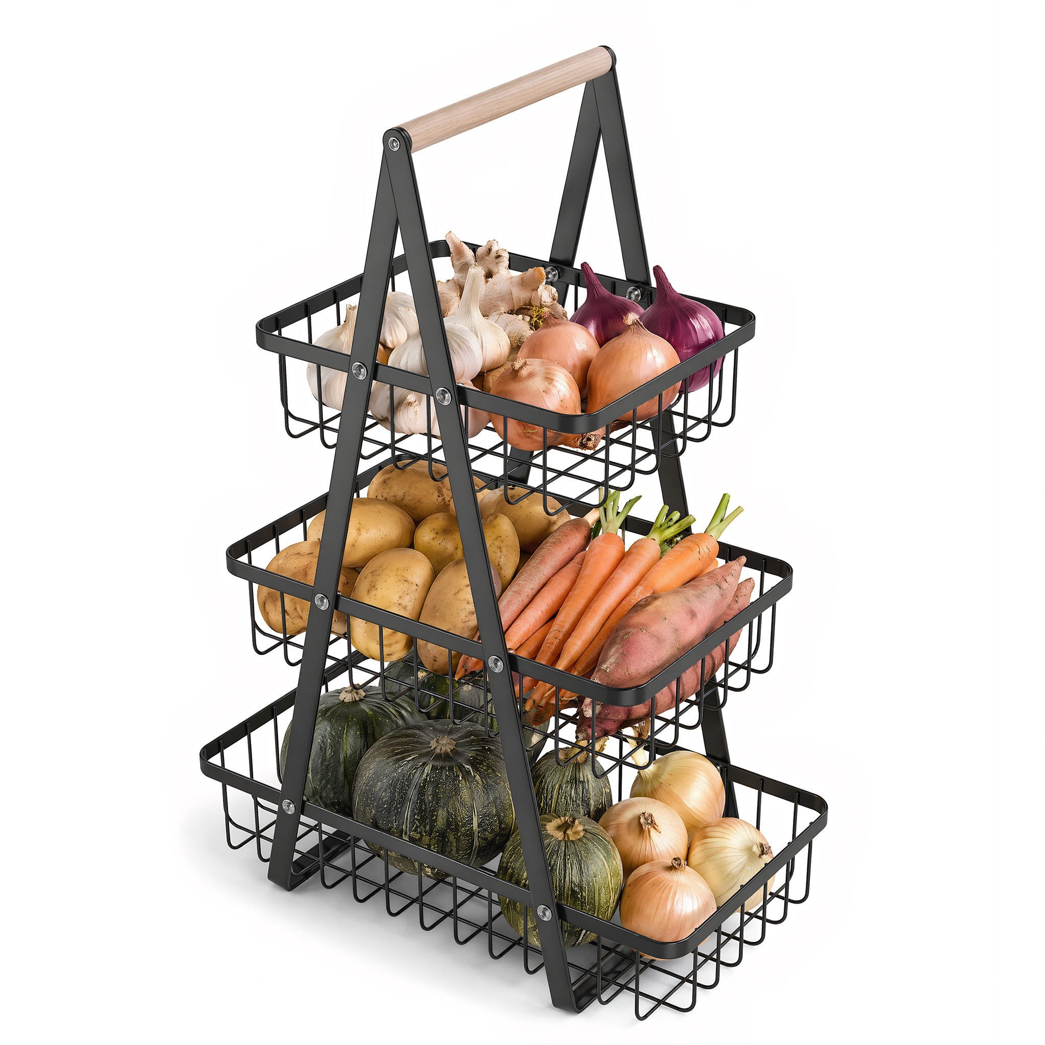 FIVMEN Obstschale Obst Etagere Obstkorb Metall Obst Schüssel Halter Brotkorb Ablagekorb, mit Holzgriff Tortenständer Gemüsegestell für …
