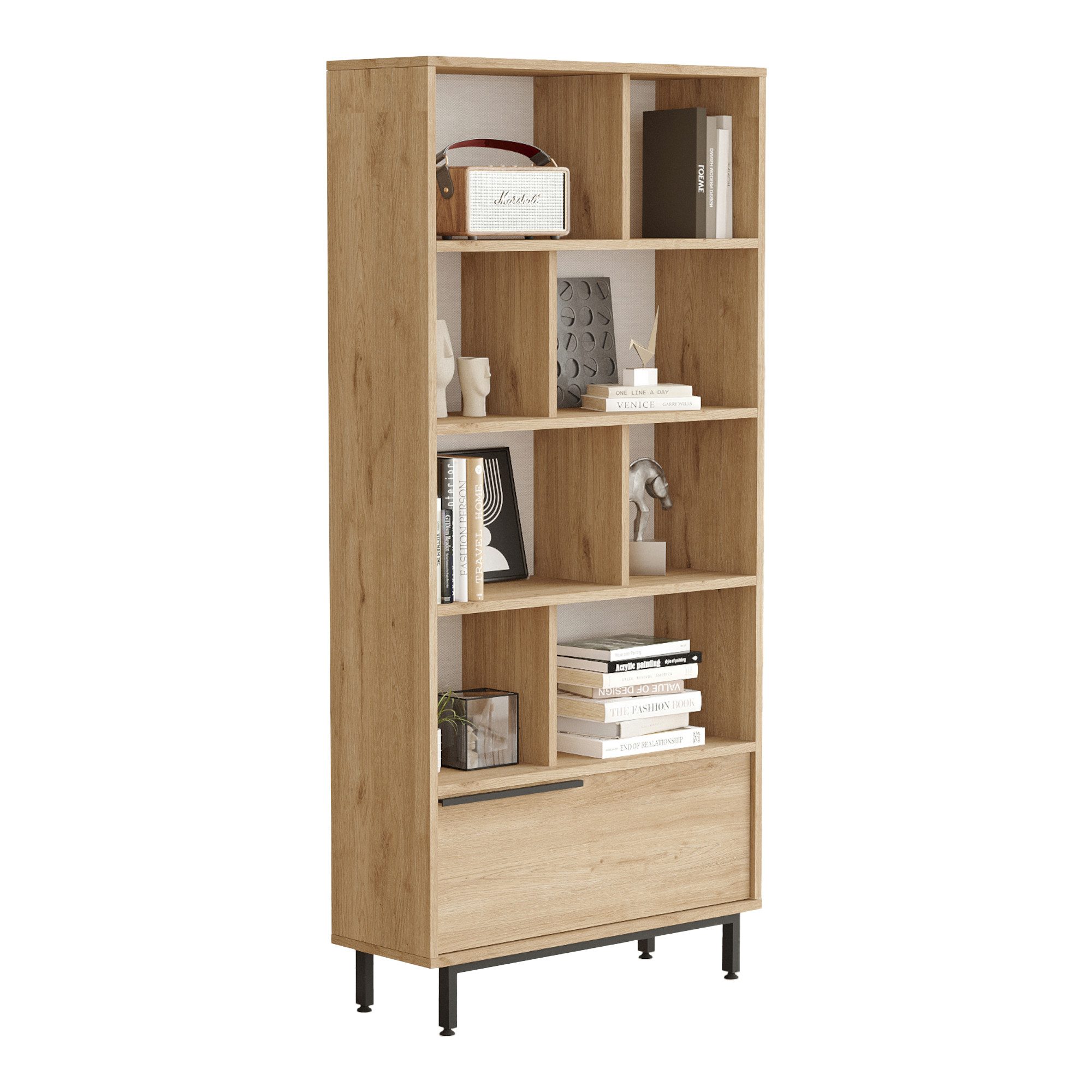 en.casa Bücherregal, »Fajaarire« mit 8+1 Fächern 176x84x30 cm Eichenoptik