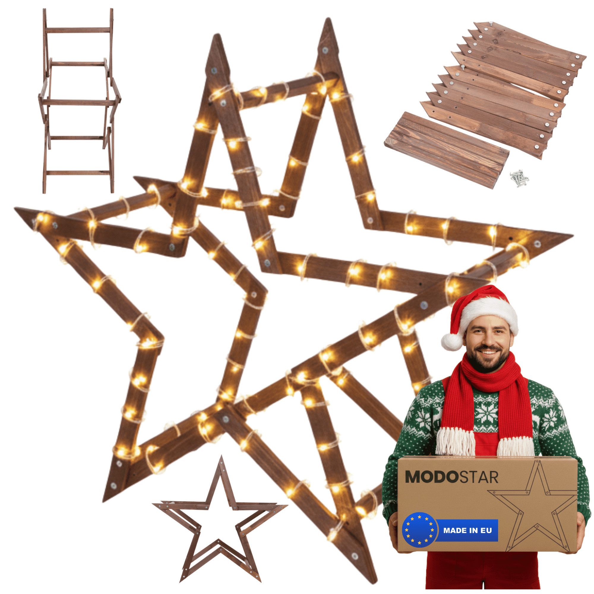 Modo24 Dekostern DIY MODOSTAR Weihnachtsstern Set aus FSC Holz 2D und 3D in 3 Breiten, zum Garten & Terrasse, wetterfest, faltbar & stabil, Weihnachtsdeko