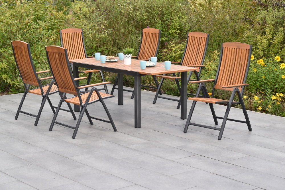 MERXX Garten-Essgruppe Athos, (Set 7tlg., 6 Sessel, AZ-Tisch, Aluminium mit Akazienholz), 6 Sessel, AZ-Tisch