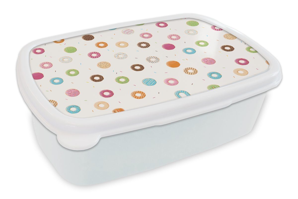 MuchoWow Lunchbox Puber - Donut - Lebensmittel - Muster, Kunststoff, (2-tlg), Brotbox für Kinder und Erwachsene, Brotdose, für Jungs und Mädchen weiß