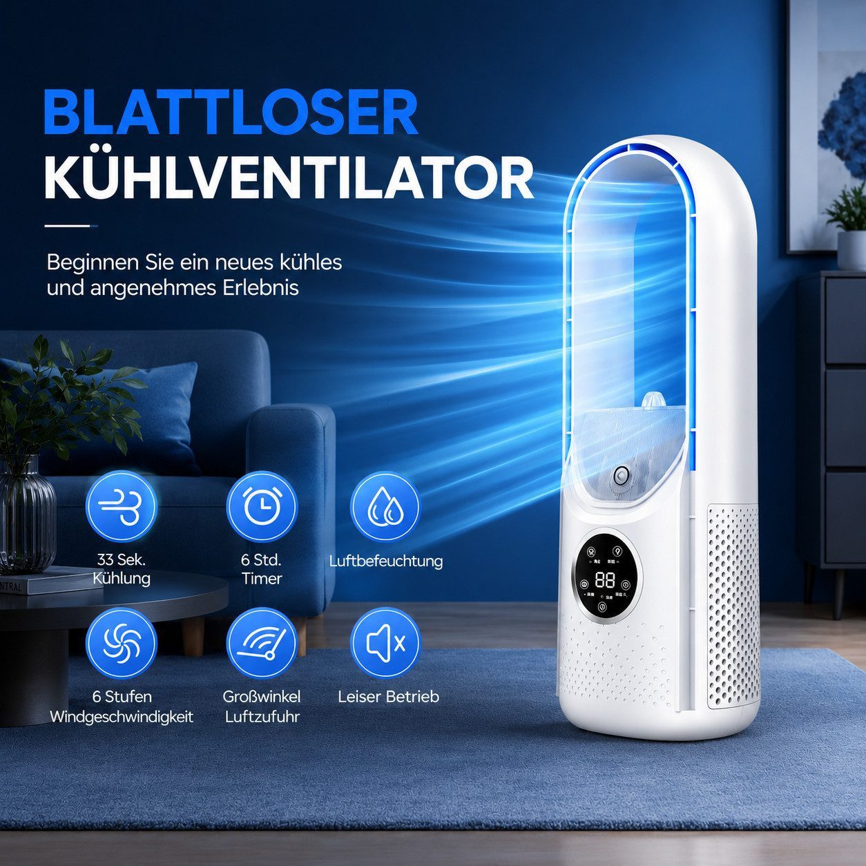 MOPUEA Turmventilator Verstellbarer Tischventilator mit 6 Geschwindigkeiten, Schnelle Kühlung, Leiser Betrieb, Tragbarer Flügelloser Ventilator
