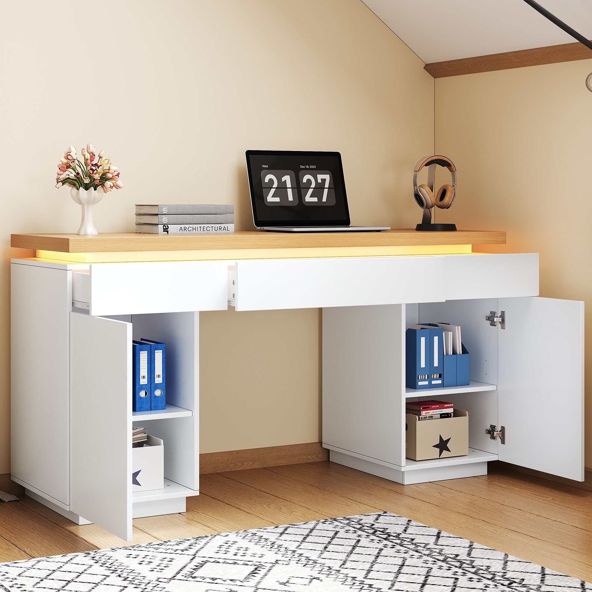 Flieks Schreibtisch mit LED-Beleuchtung, 3 Schubladen, 2 Türen, verstellbaren Einlegeböden (verdickte Tischplatte in Holzoptik Natur, 1-St., 140x50x78 cm), multifunktional Arbeitstisch Computertisch Bürotisch mit Stauraum Weiß