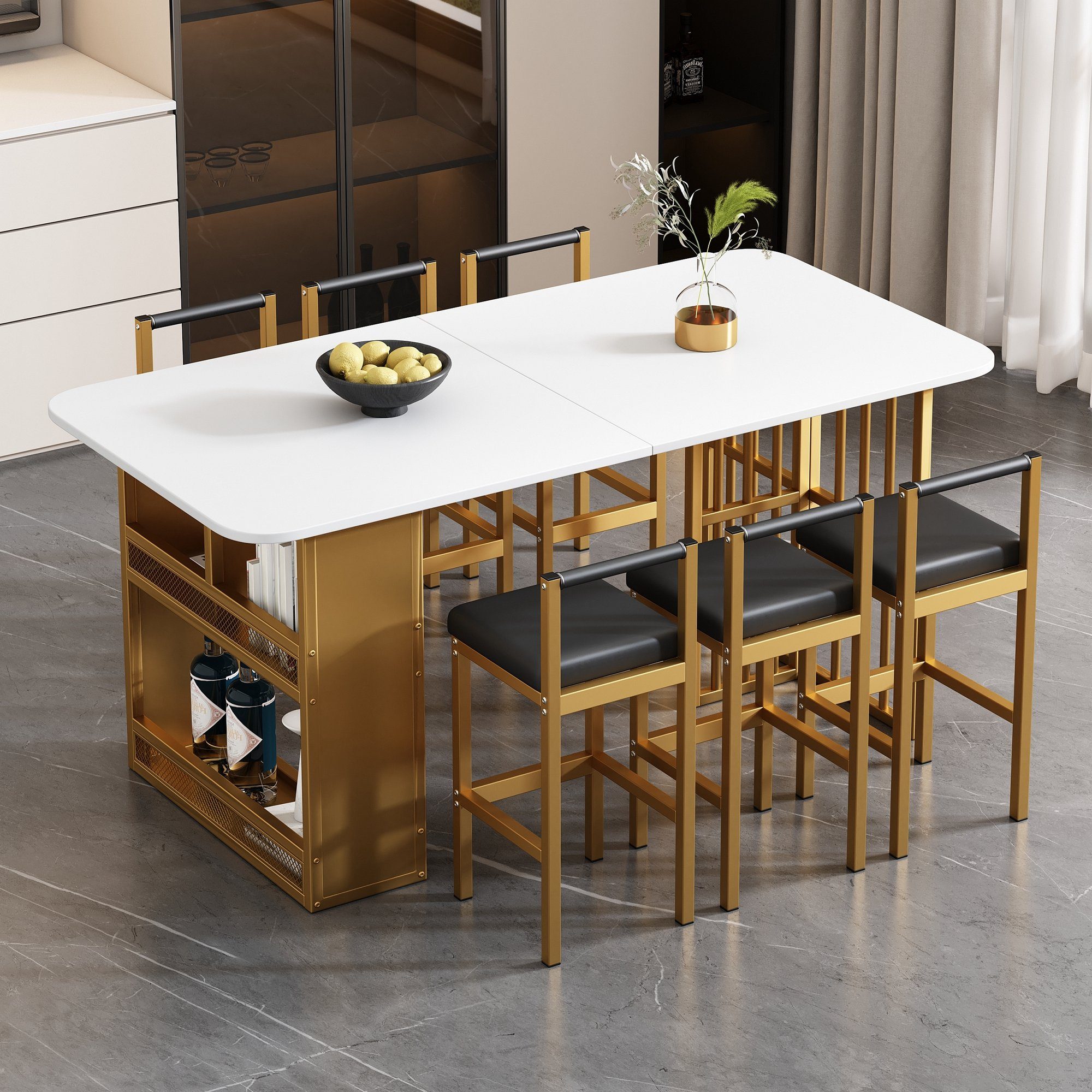 Celya Essgruppe Set mit Esstisch, 6 Stühlen,Esszimmertisch, Zeitgemäßer