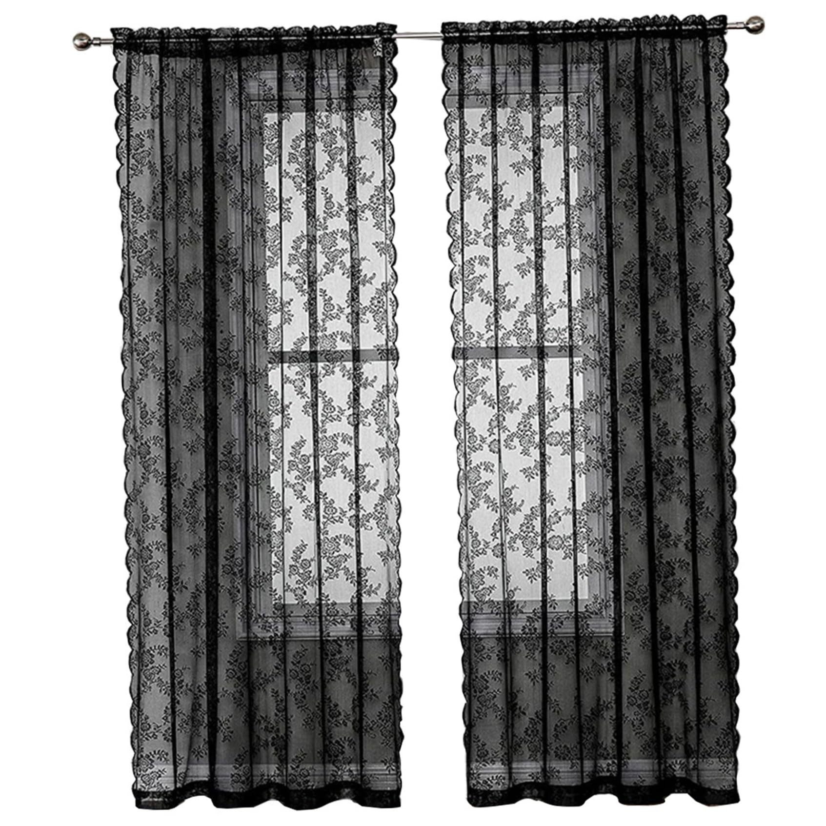 Agger Vorhang Transparent, Floral, Spitze Rüschen,Schwarze Spitzenvorhänge (2er-Set), für Wohnzimmer Schlafzimmer Deko Stangendurchzug,Store