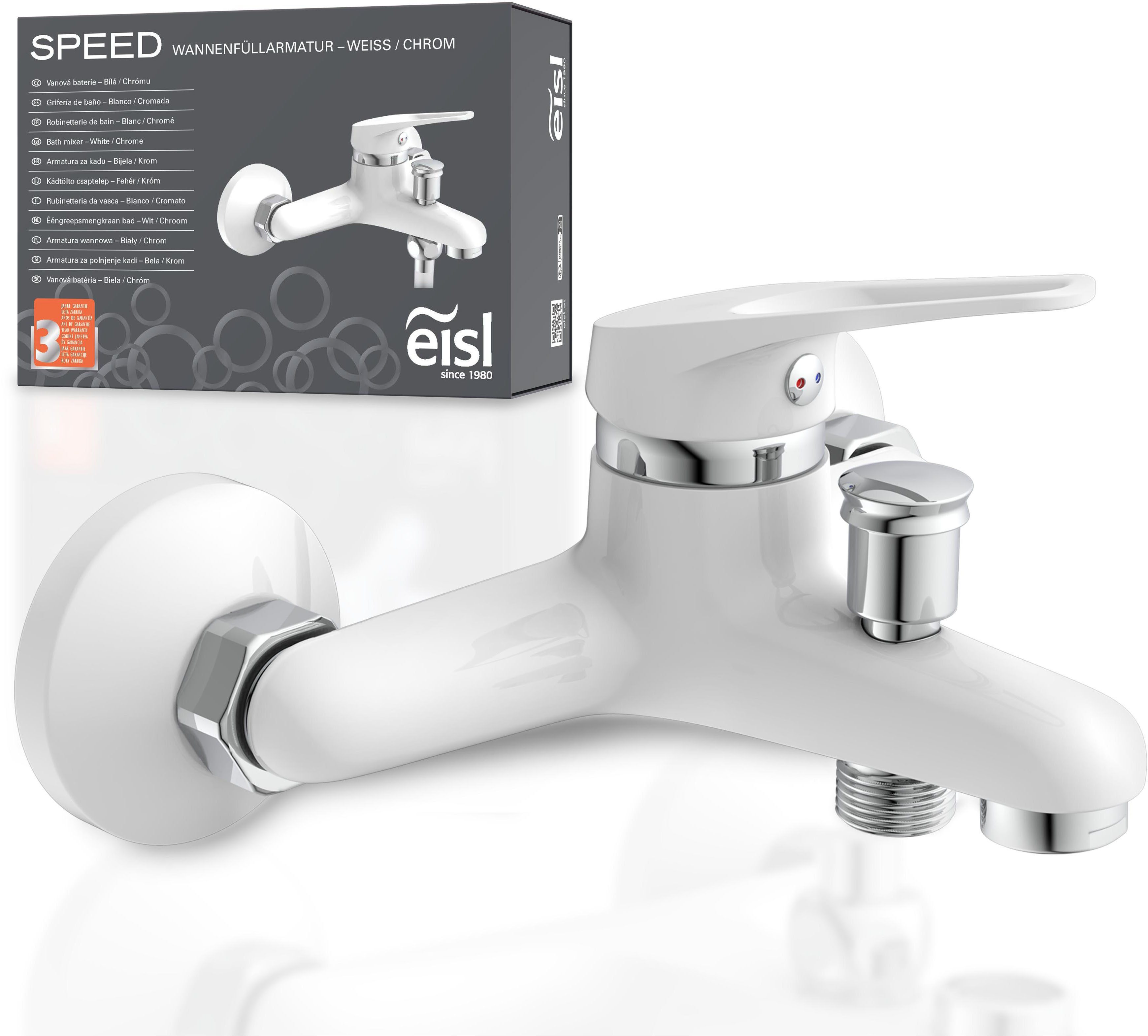 Eisl Wannenarmatur SPEED Mischbatterie Badewanne, Wasserhahn Bad, Wannenarmatur in Weiß/Chrom