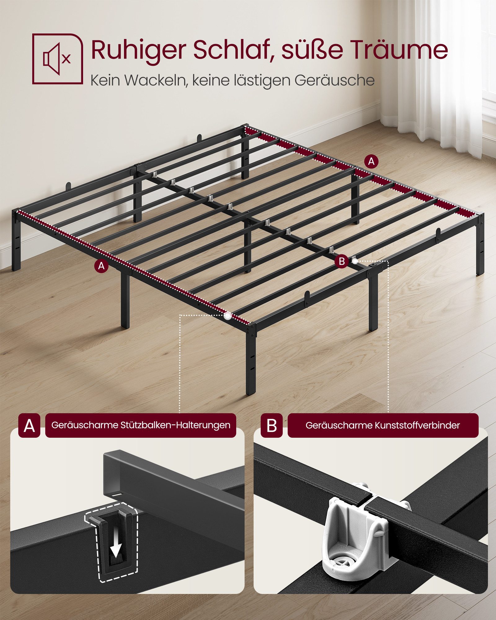 VASAGLE Bettgestell (180 x 200 cm, 35.6 cm H, geräuscharm), Metallbett, Bettrahmen, hochtragfähig, mehrfachgrößen-Option
